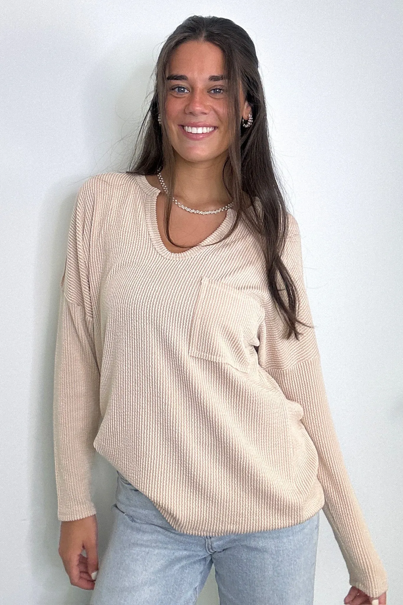 Casual Chic Rib Knit Patch Pocket V-Neck Top - BACK IN STOCK