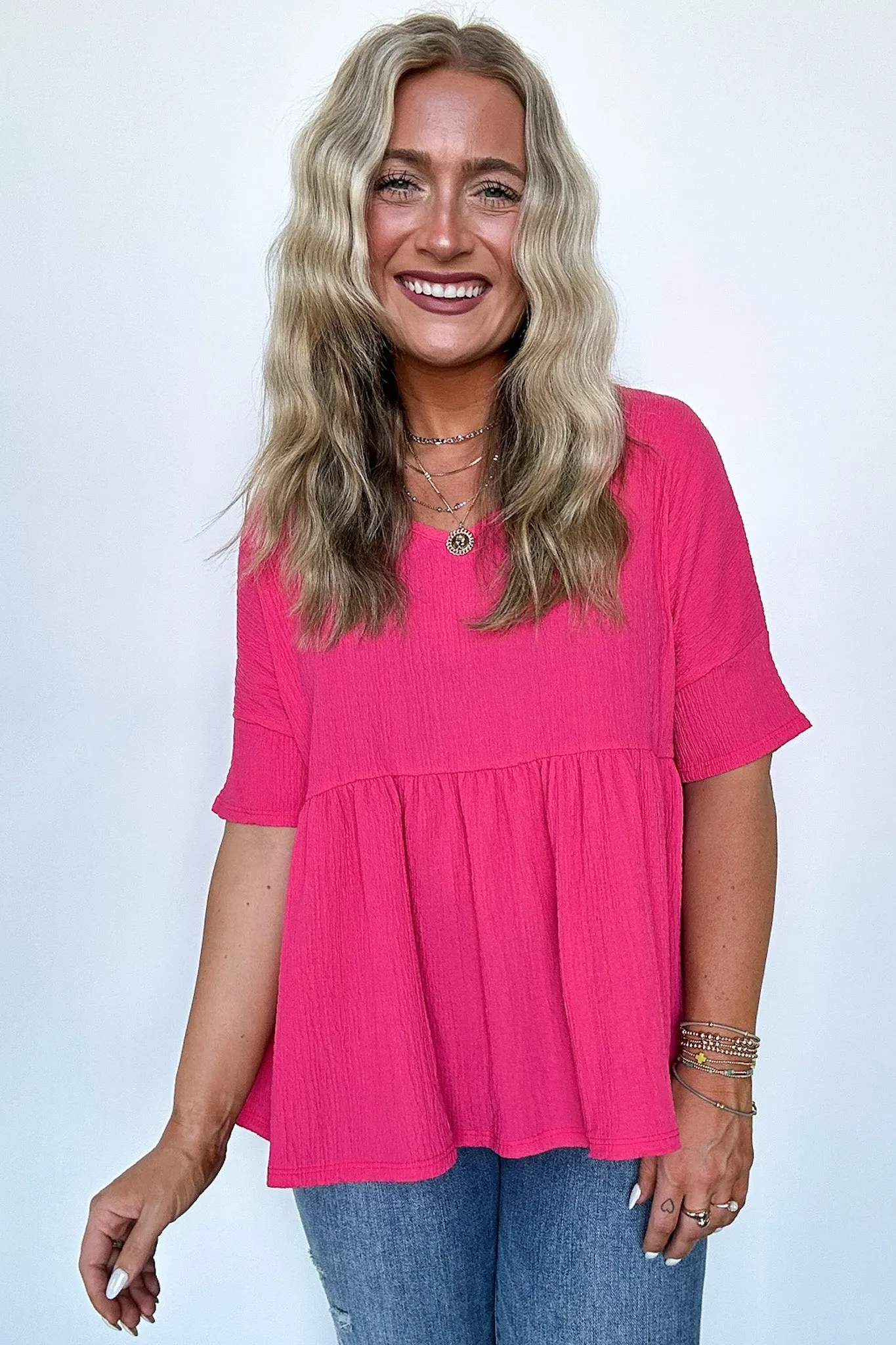 Chic Bliss Crinkle Gauze Babydoll Peplum Top - FINAL SALE