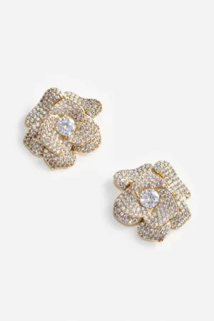 Crystal Flower Stud Earrings in Gold