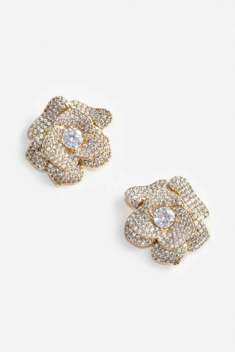 Crystal Flower Stud Earrings in Gold
