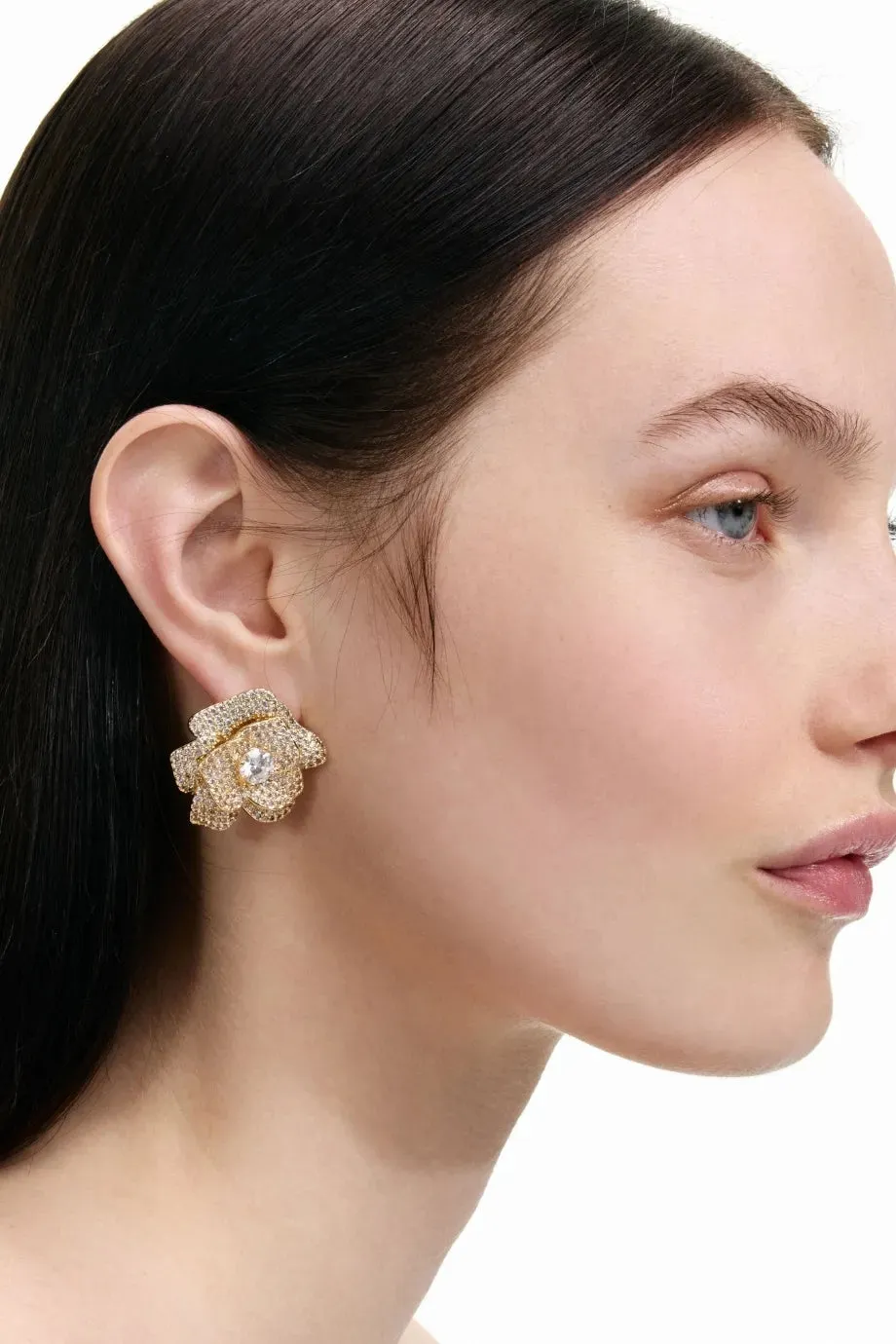 Crystal Flower Stud Earrings in Gold