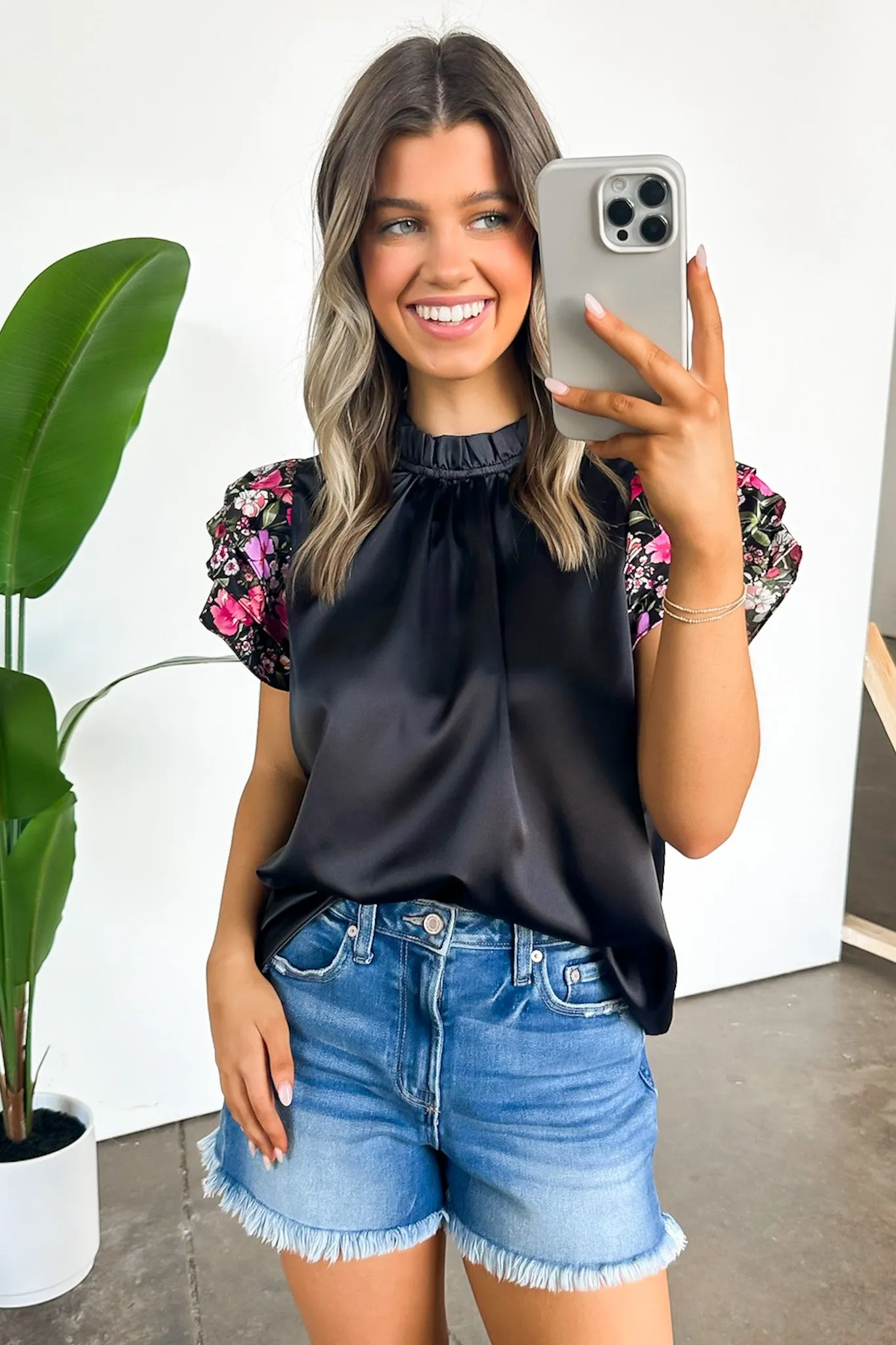 Delightful Direction Floral Sleeve Satin Top - FINAL SALE