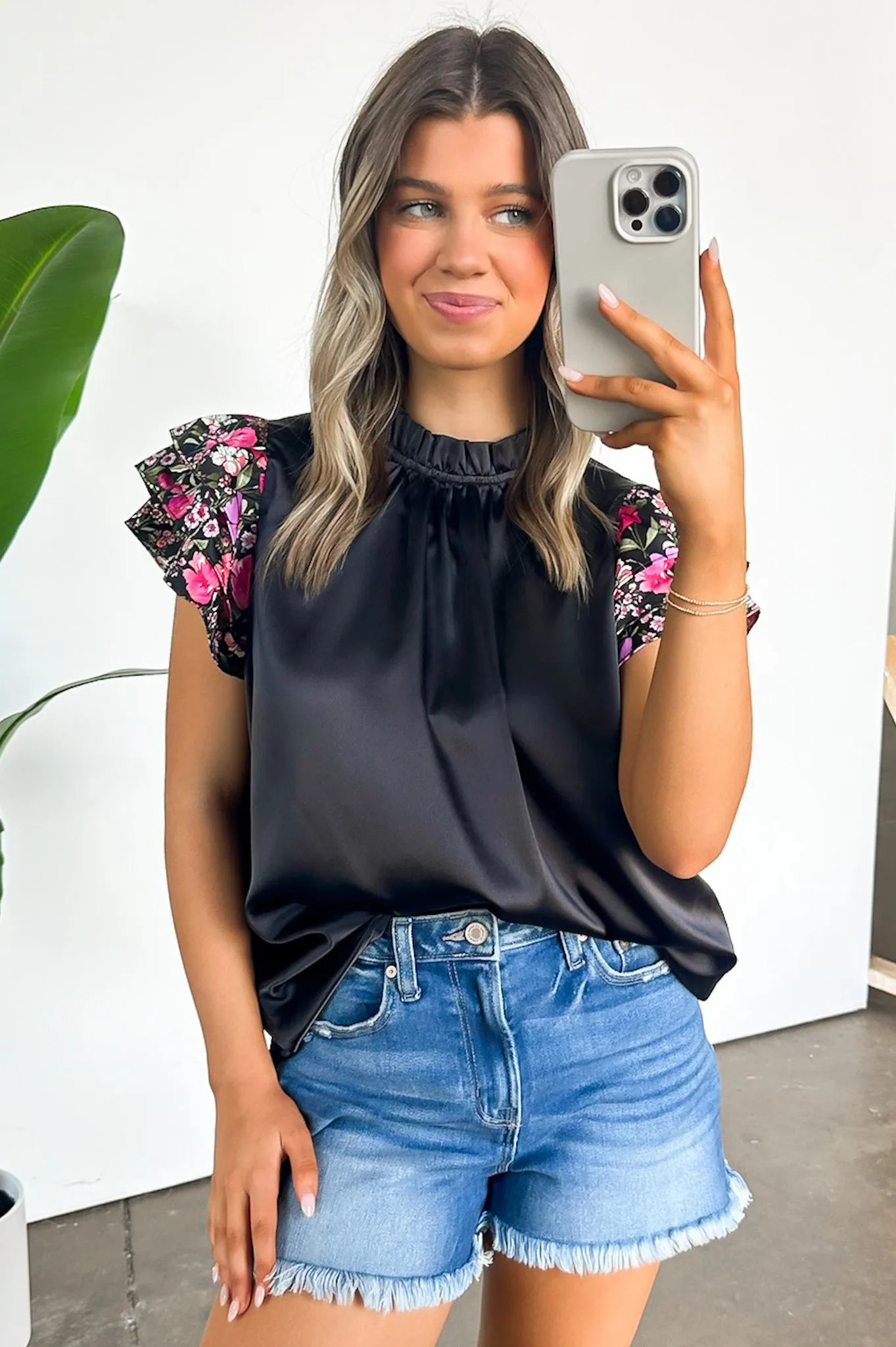 Delightful Direction Floral Sleeve Satin Top - FINAL SALE