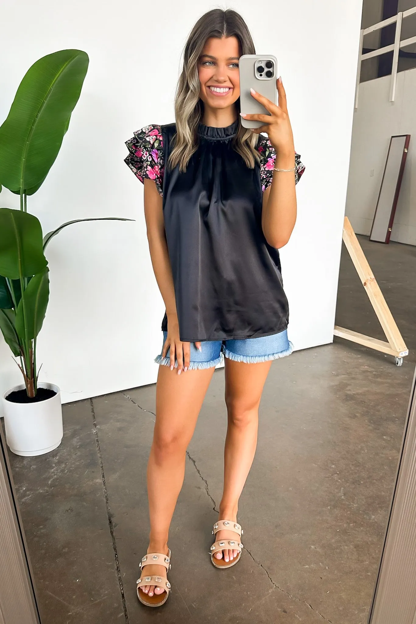 Delightful Direction Floral Sleeve Satin Top - FINAL SALE
