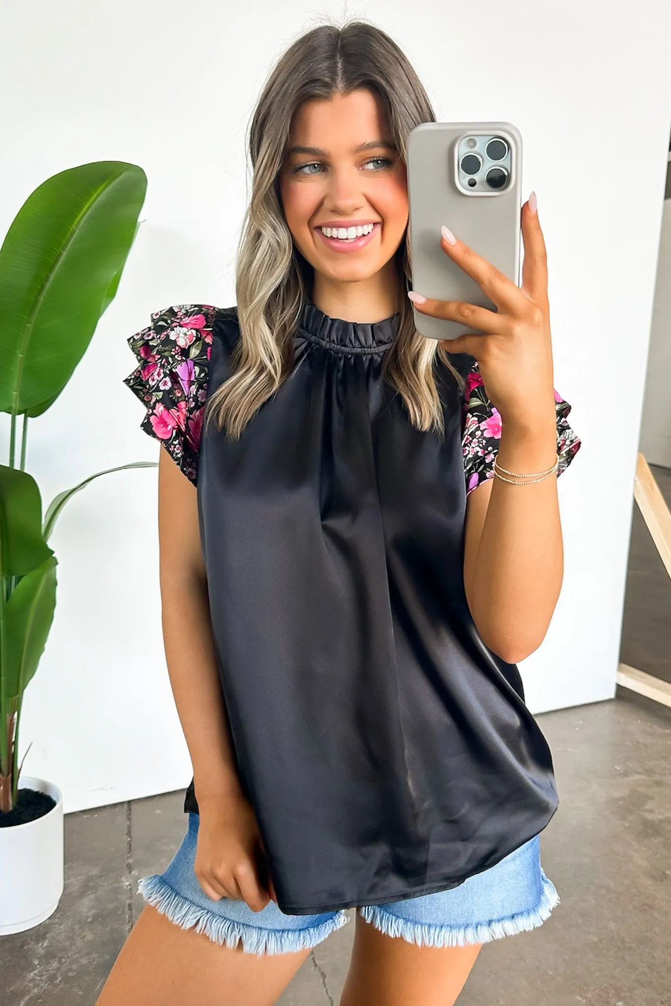 Delightful Direction Floral Sleeve Satin Top - FINAL SALE