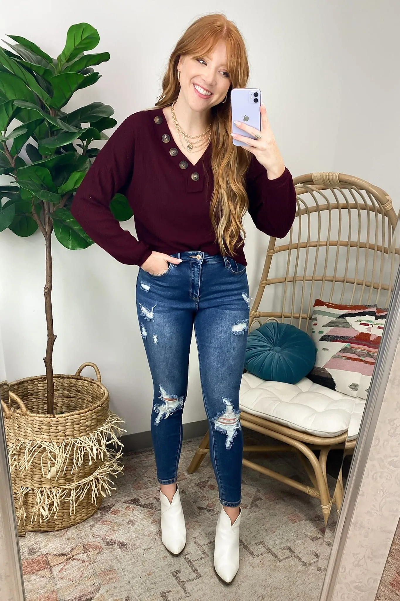 Derita Waffle Knit V-Neck Button Top - BACK IN STOCK