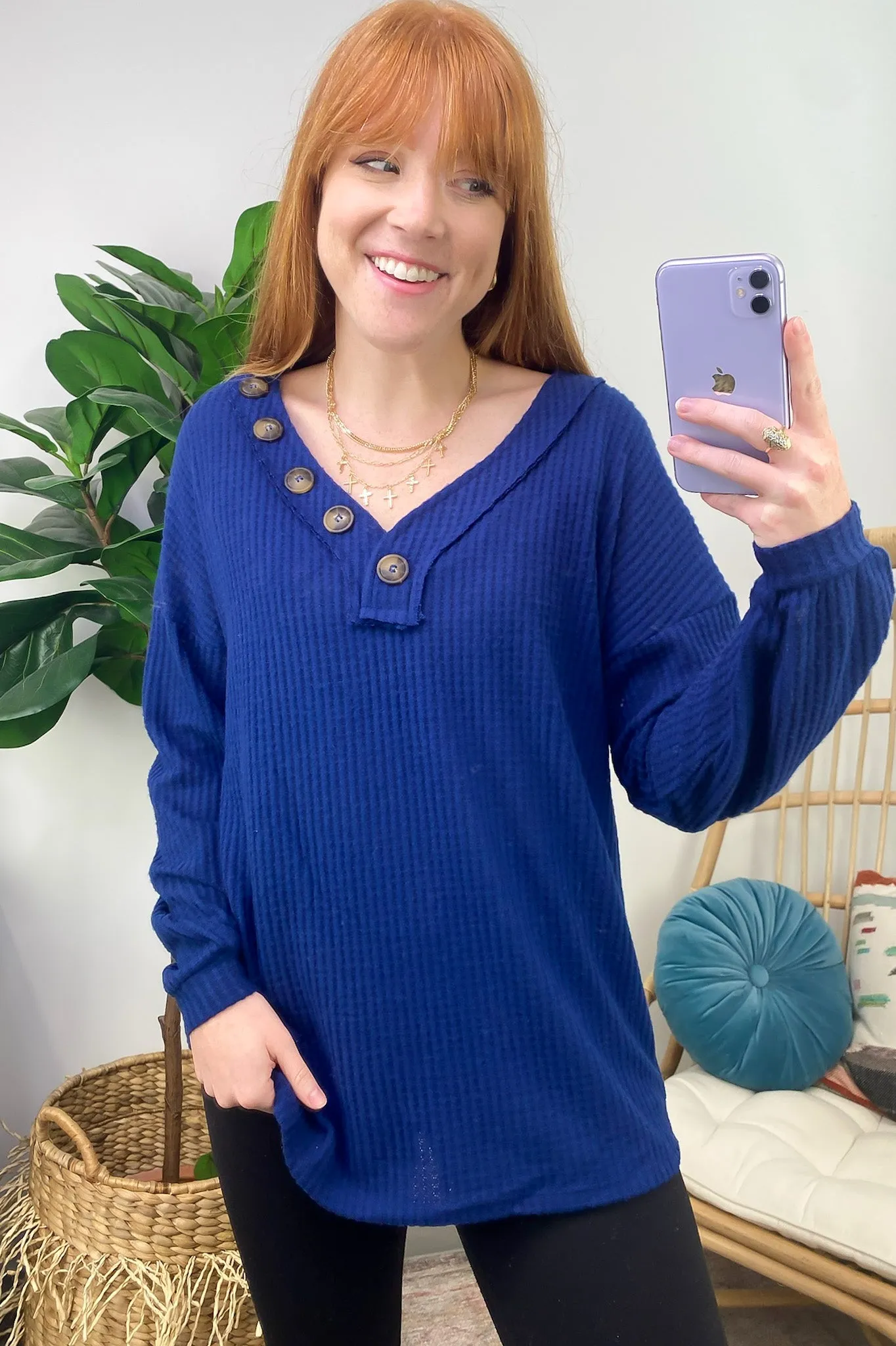 Derita Waffle Knit V-Neck Button Top - BACK IN STOCK