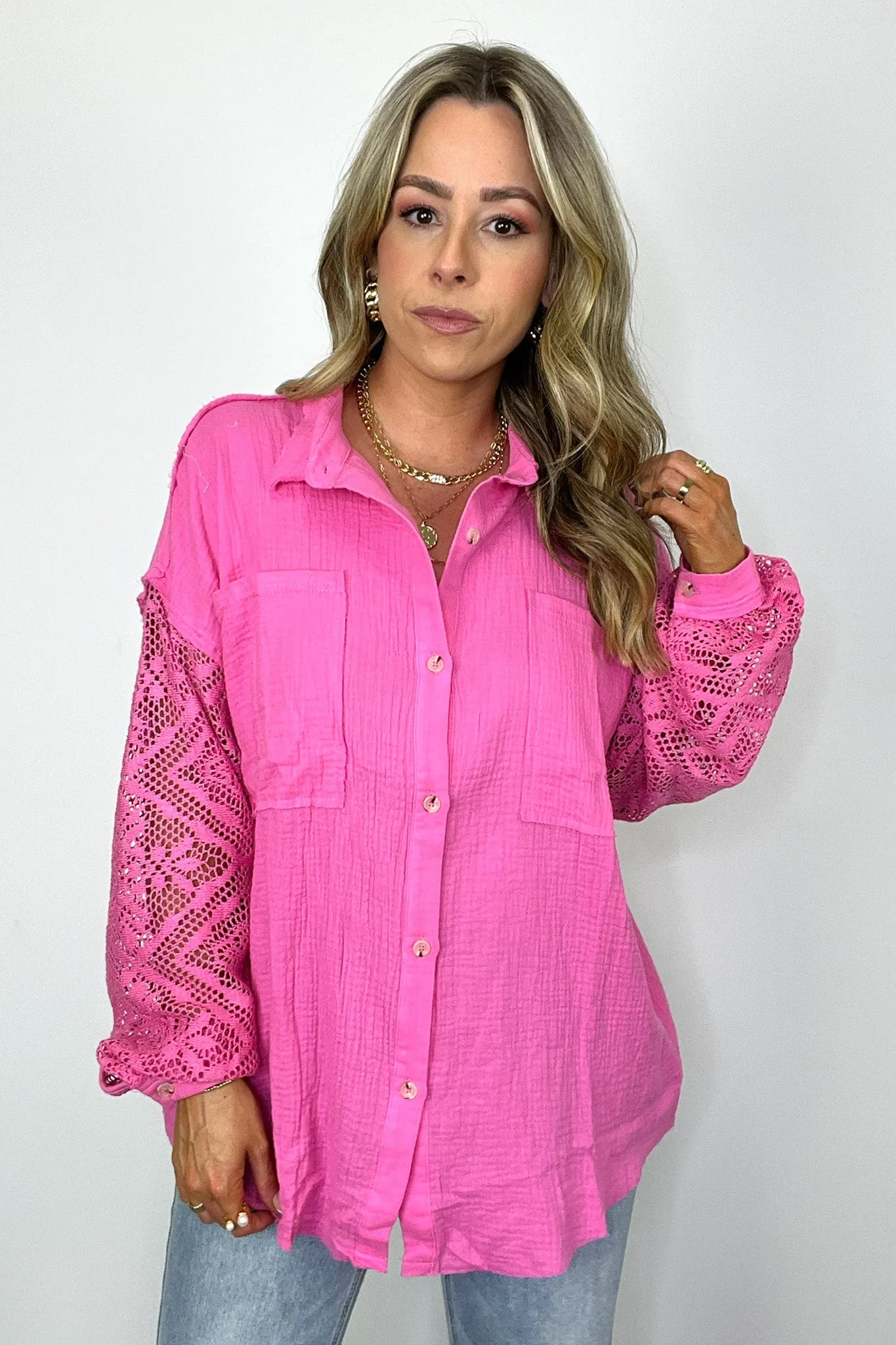 Desiree Crochet Sleeve Button Down Top