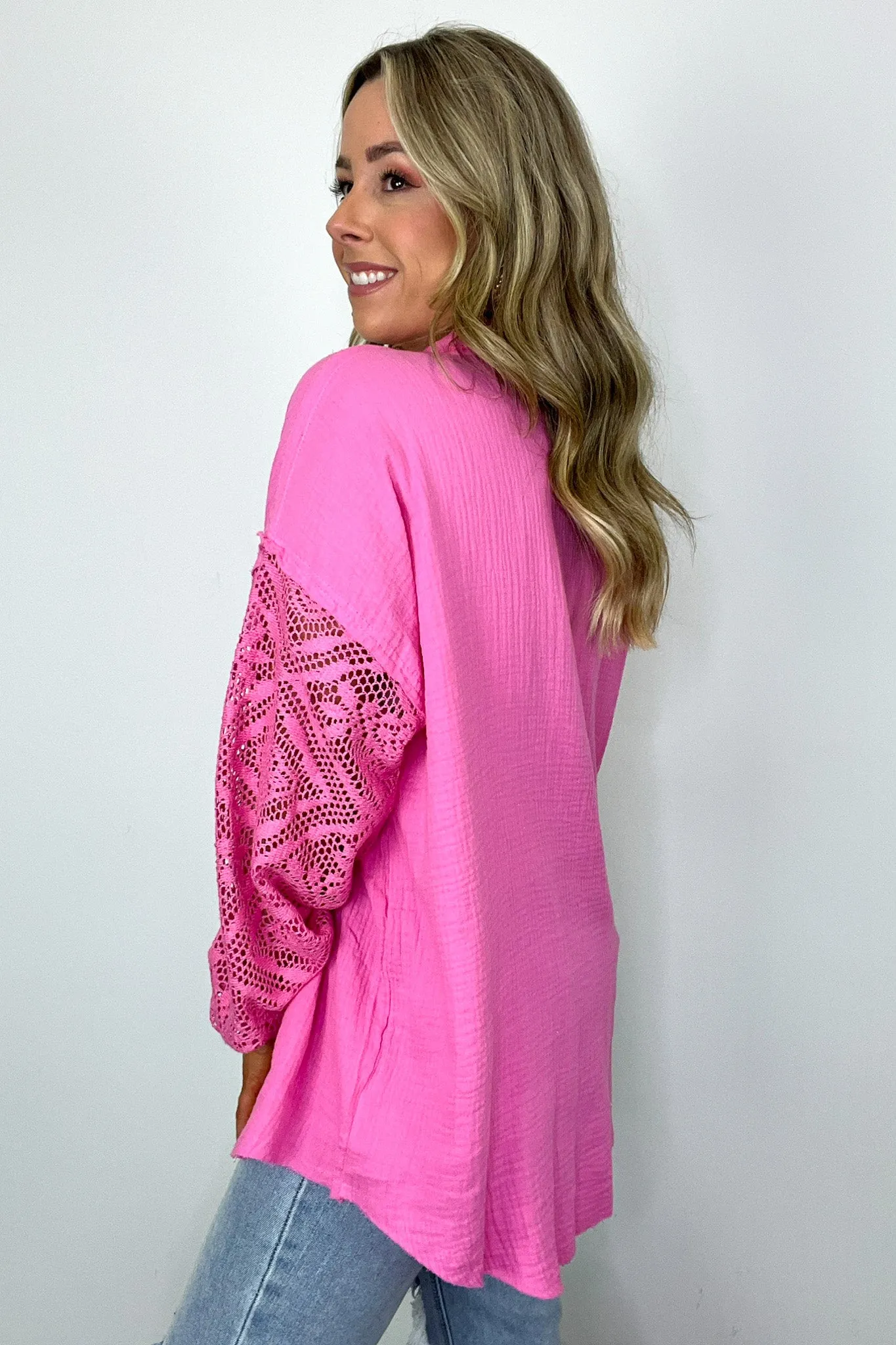 Desiree Crochet Sleeve Button Down Top