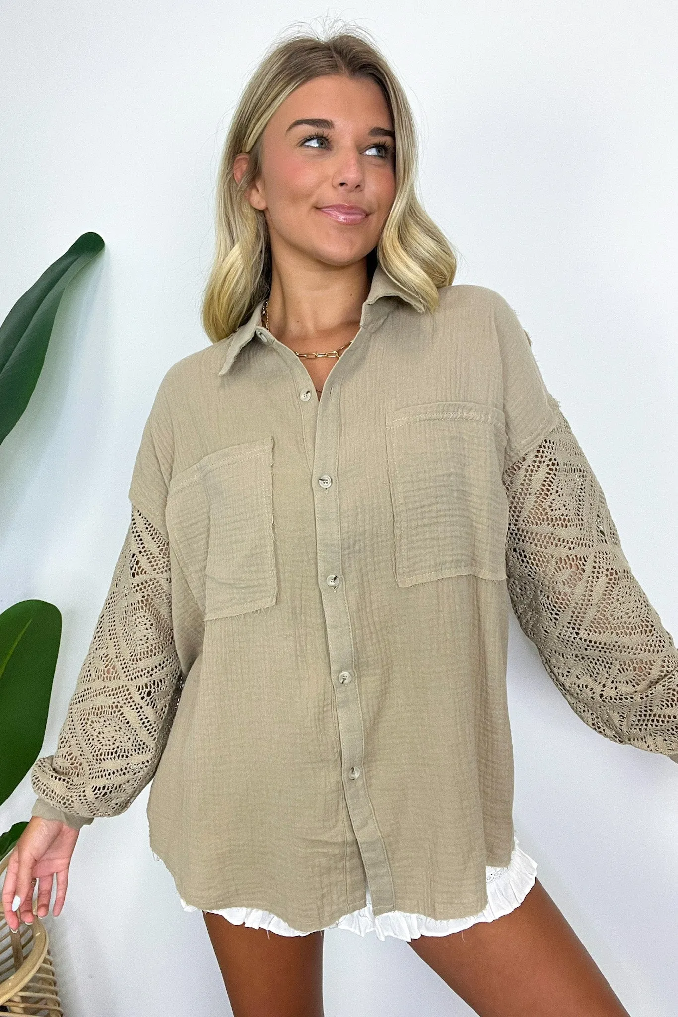 Desiree Crochet Sleeve Button Down Top