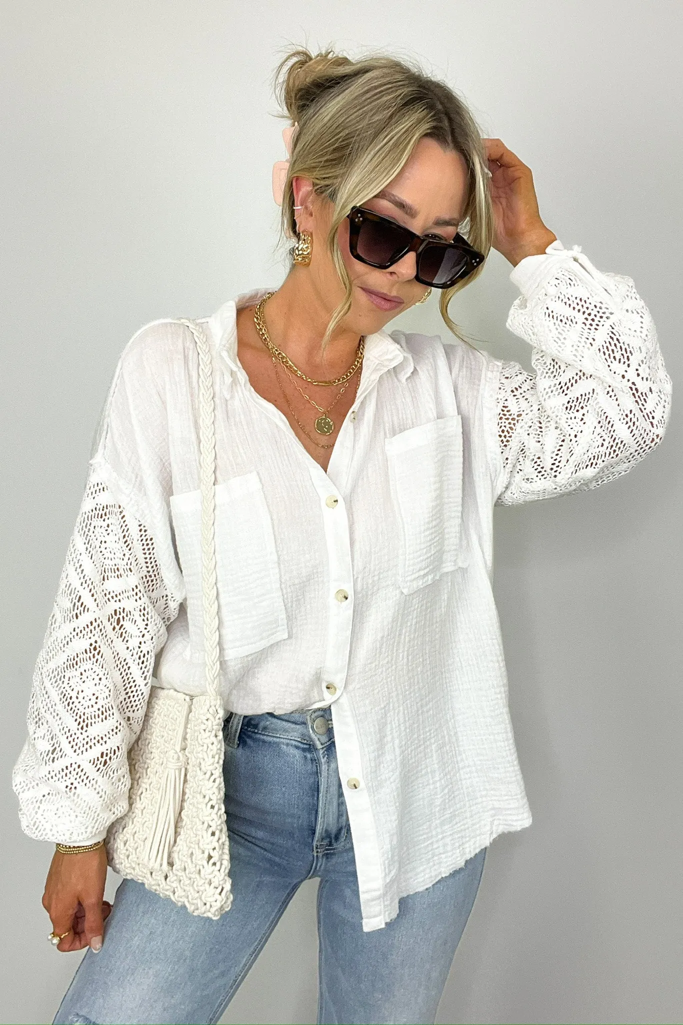 Desiree Crochet Sleeve Button Down Top