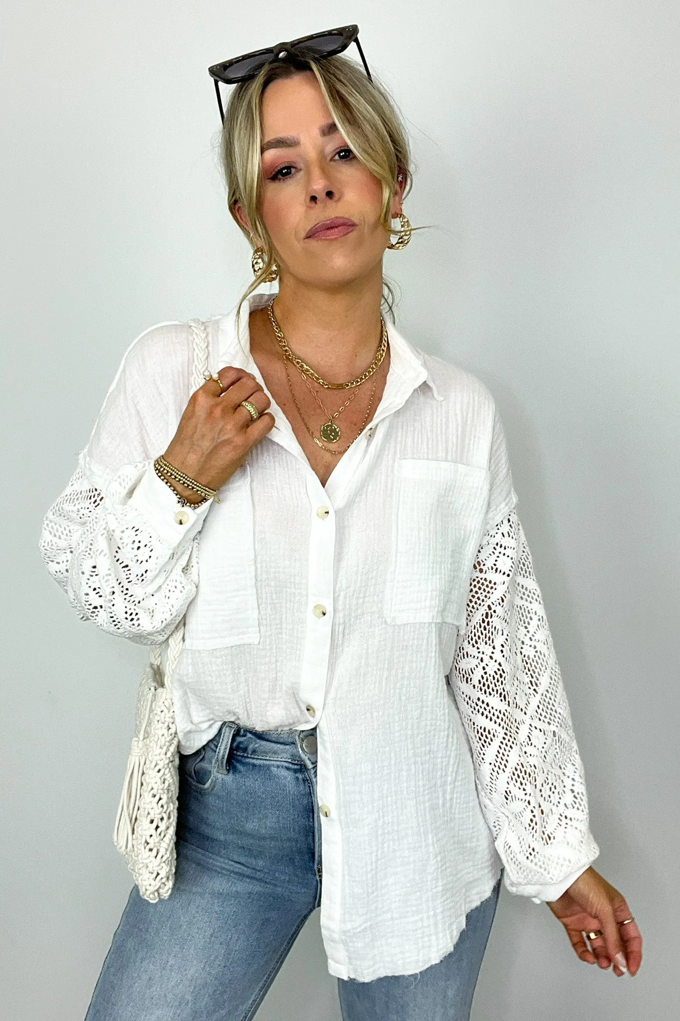 Desiree Crochet Sleeve Button Down Top