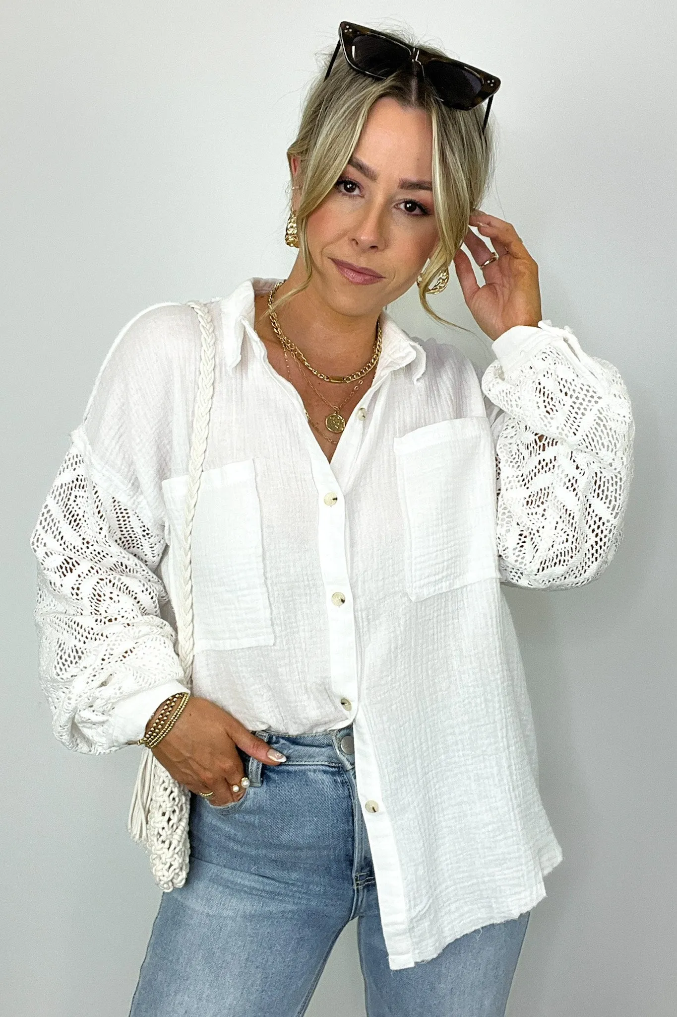 Desiree Crochet Sleeve Button Down Top