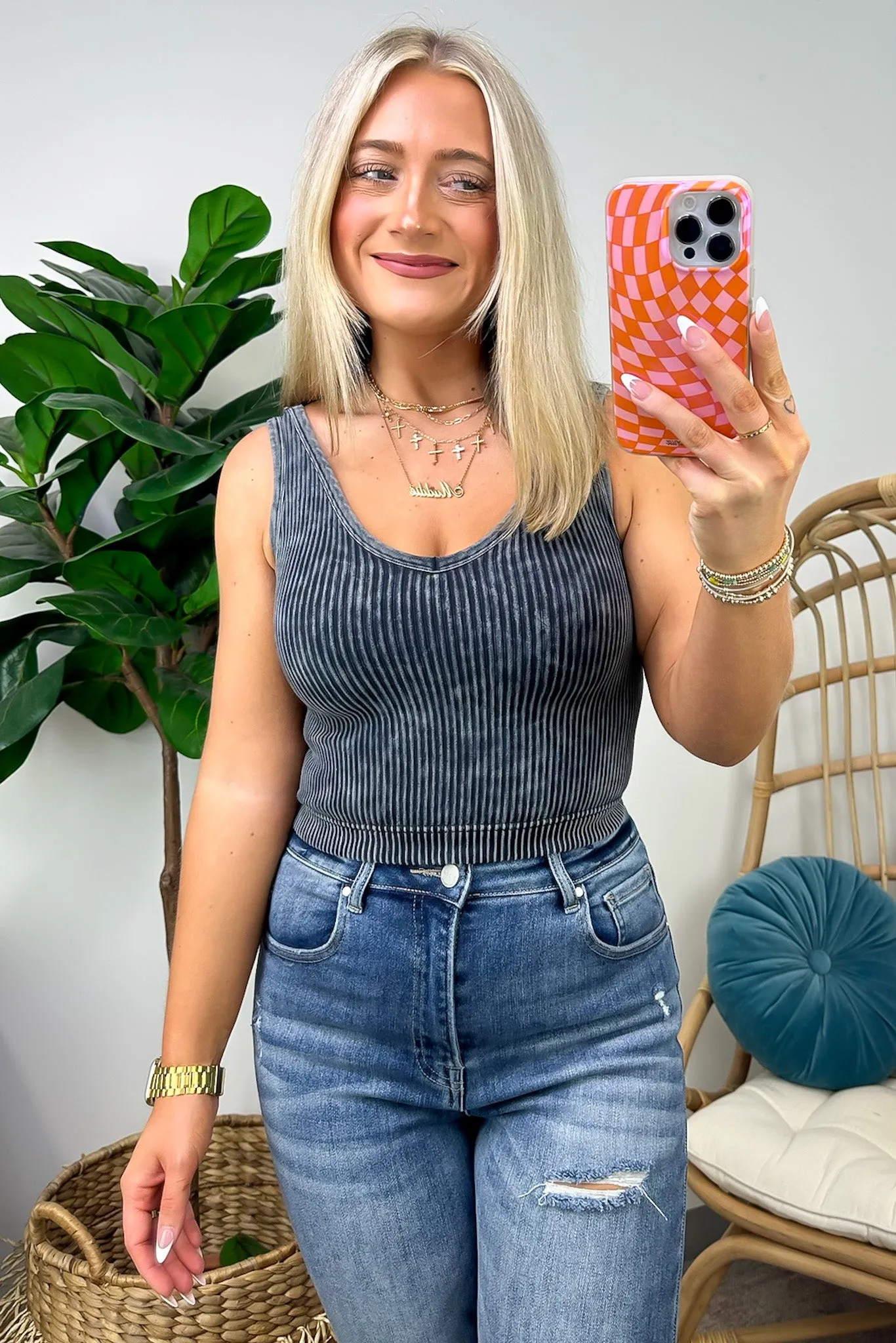 Dream Weekend Acid Wash Two-Way Neckline Tank Top - FINAL SALE