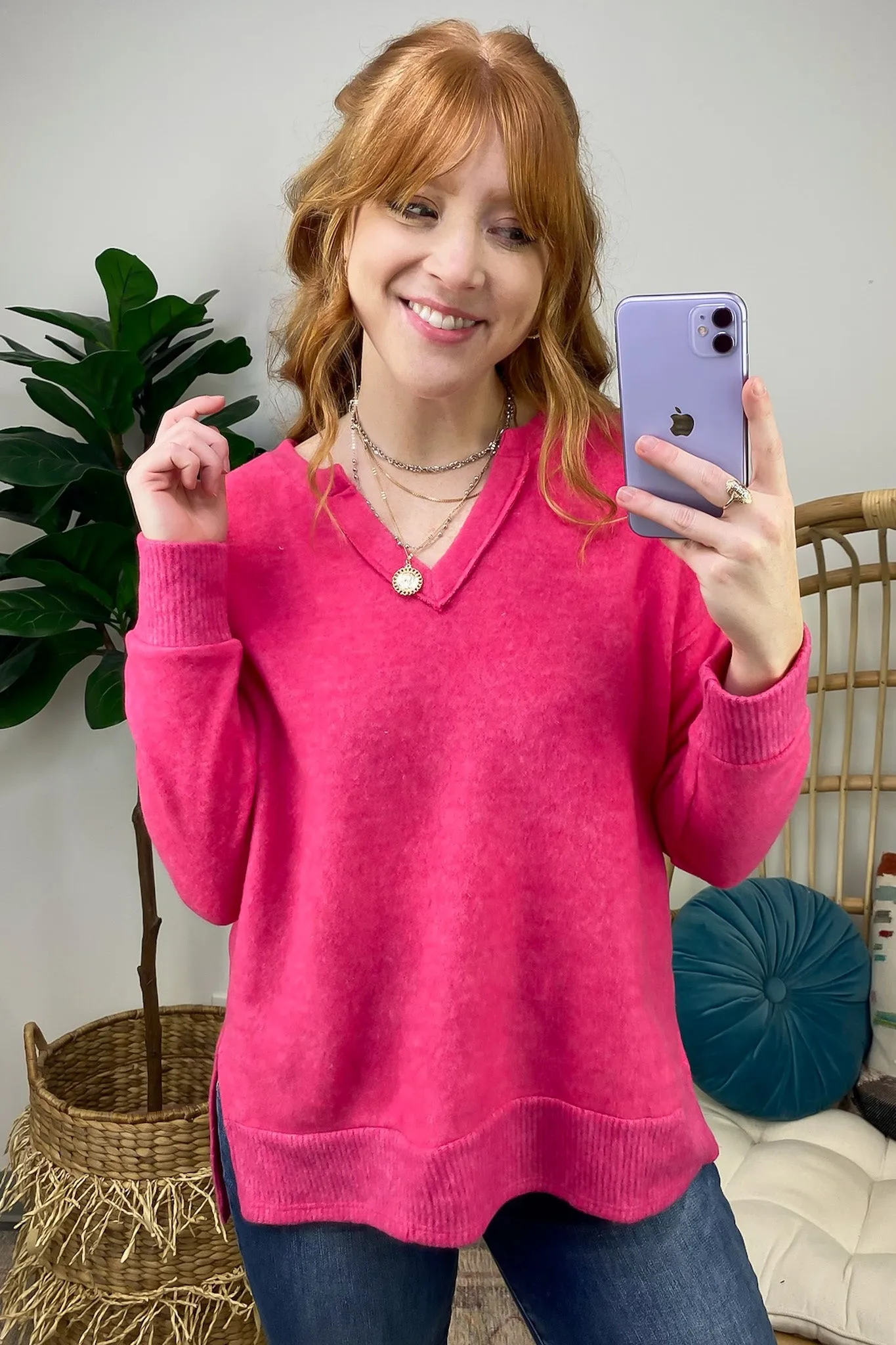 Elvy Long Sleeve Split V-Neck Brushed Knit Top - FINAL SALE