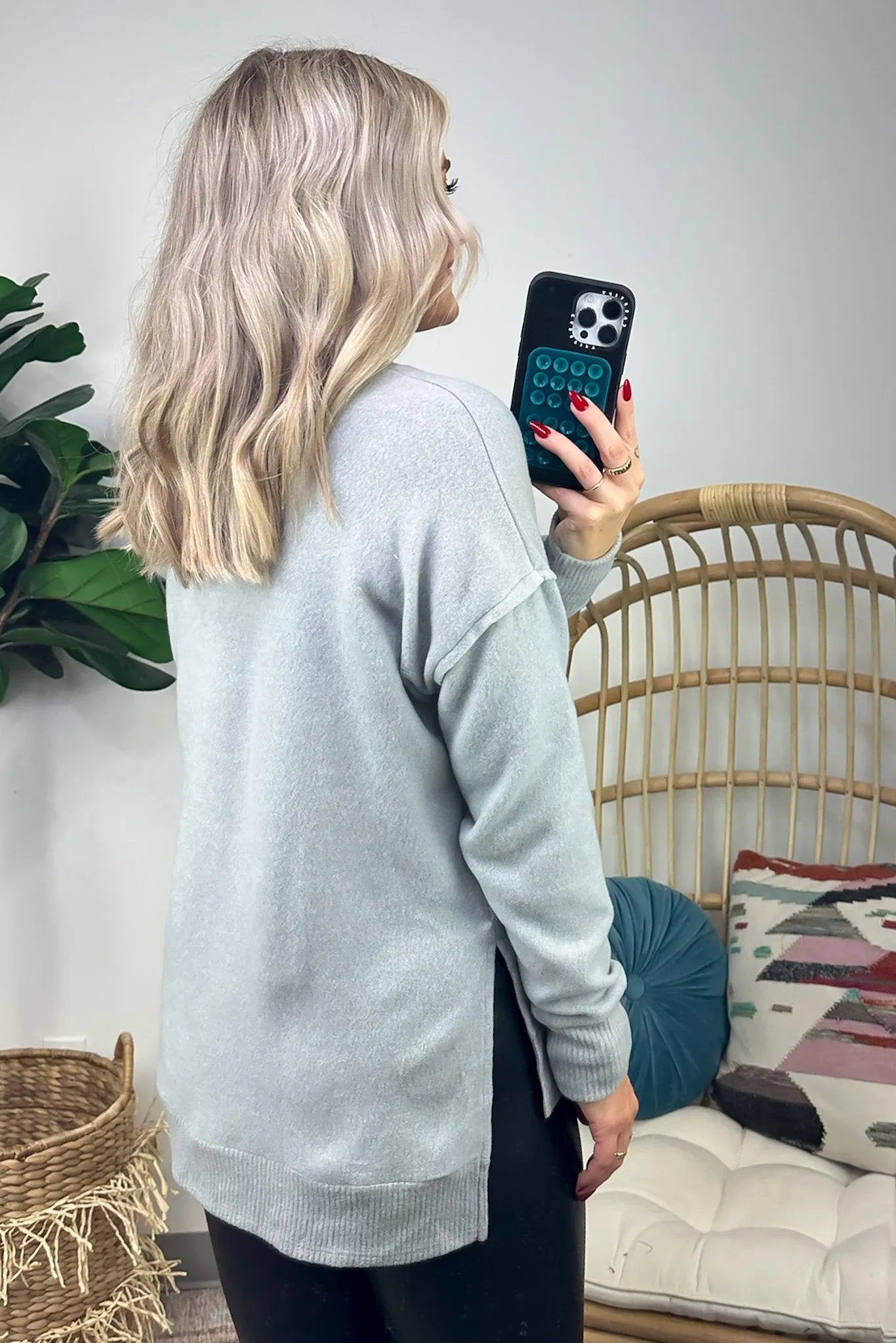 Elvy Long Sleeve Split V-Neck Brushed Knit Top - FINAL SALE