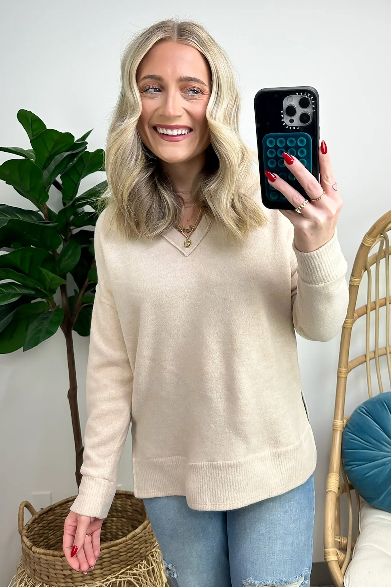 Elvy Long Sleeve Split V-Neck Brushed Knit Top - FINAL SALE