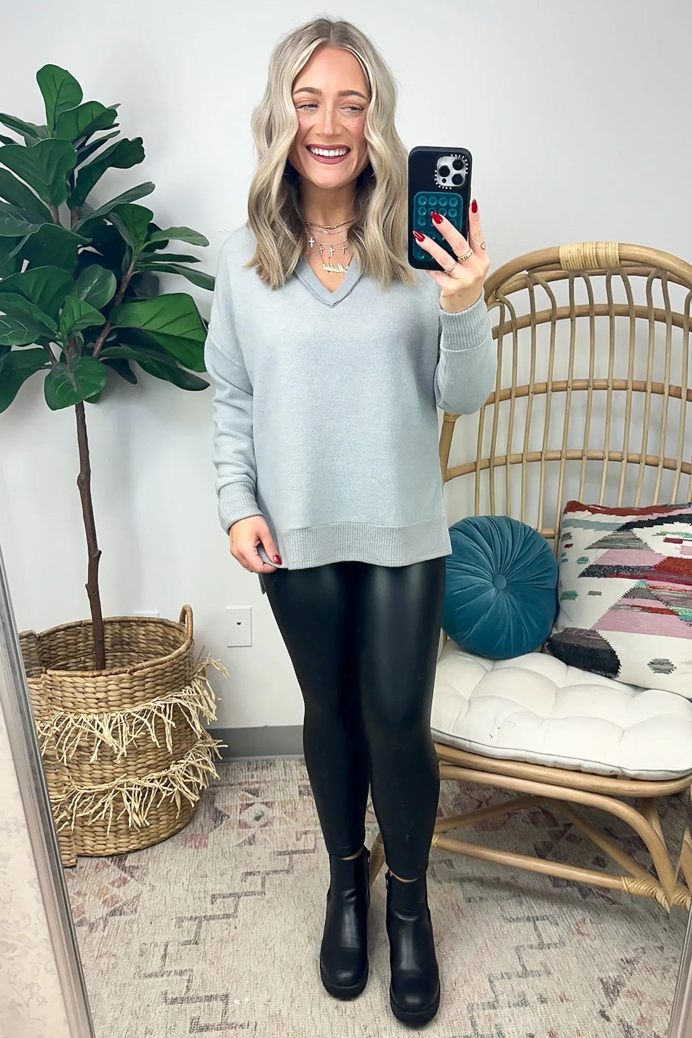 Elvy Long Sleeve Split V-Neck Brushed Knit Top - FINAL SALE
