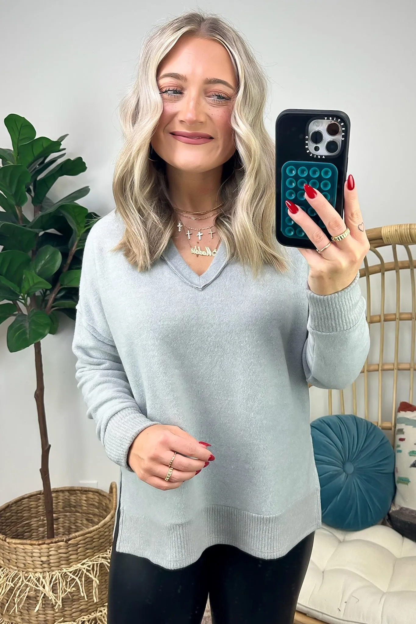 Elvy Long Sleeve Split V-Neck Brushed Knit Top - FINAL SALE