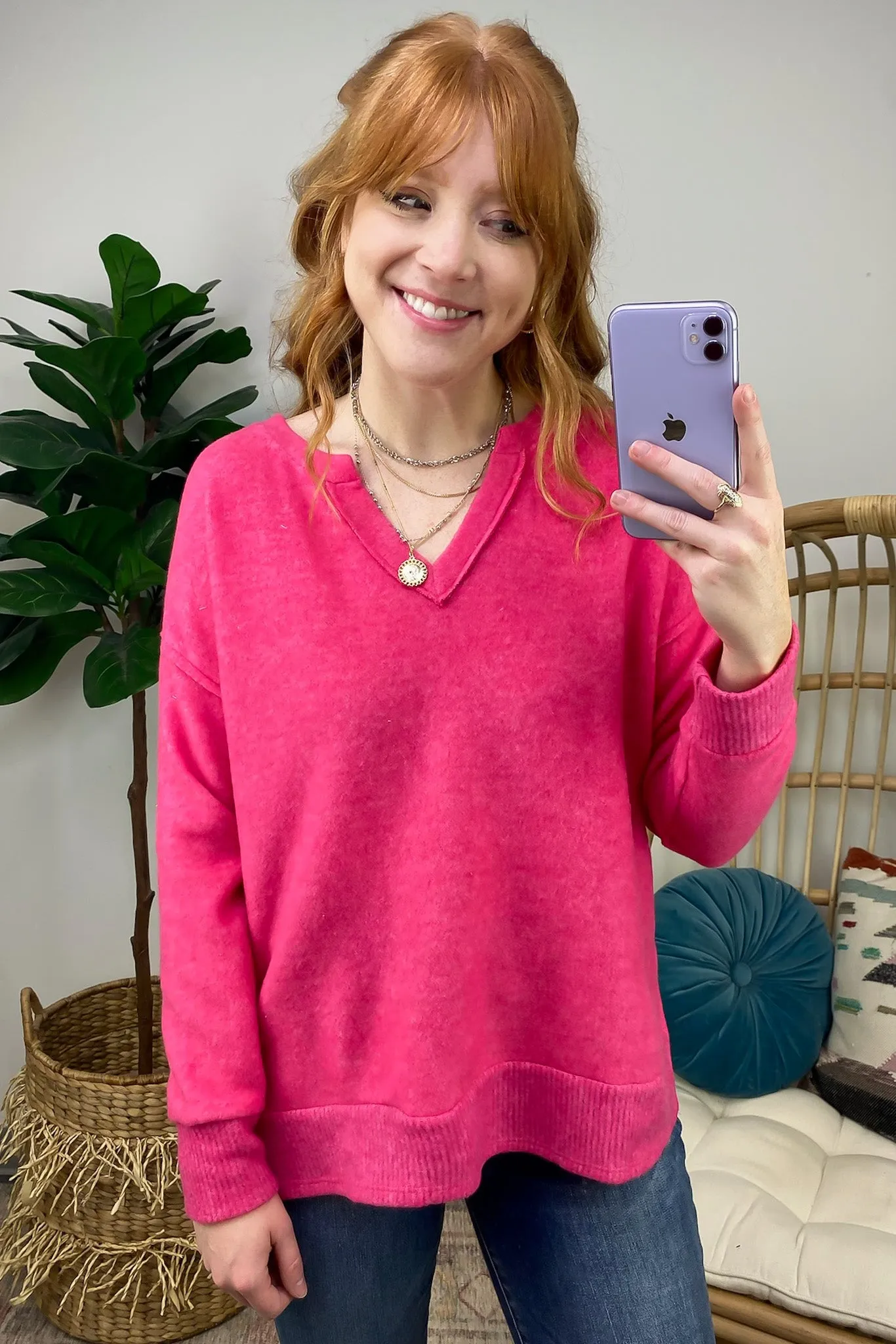 Elvy Long Sleeve Split V-Neck Brushed Knit Top - FINAL SALE
