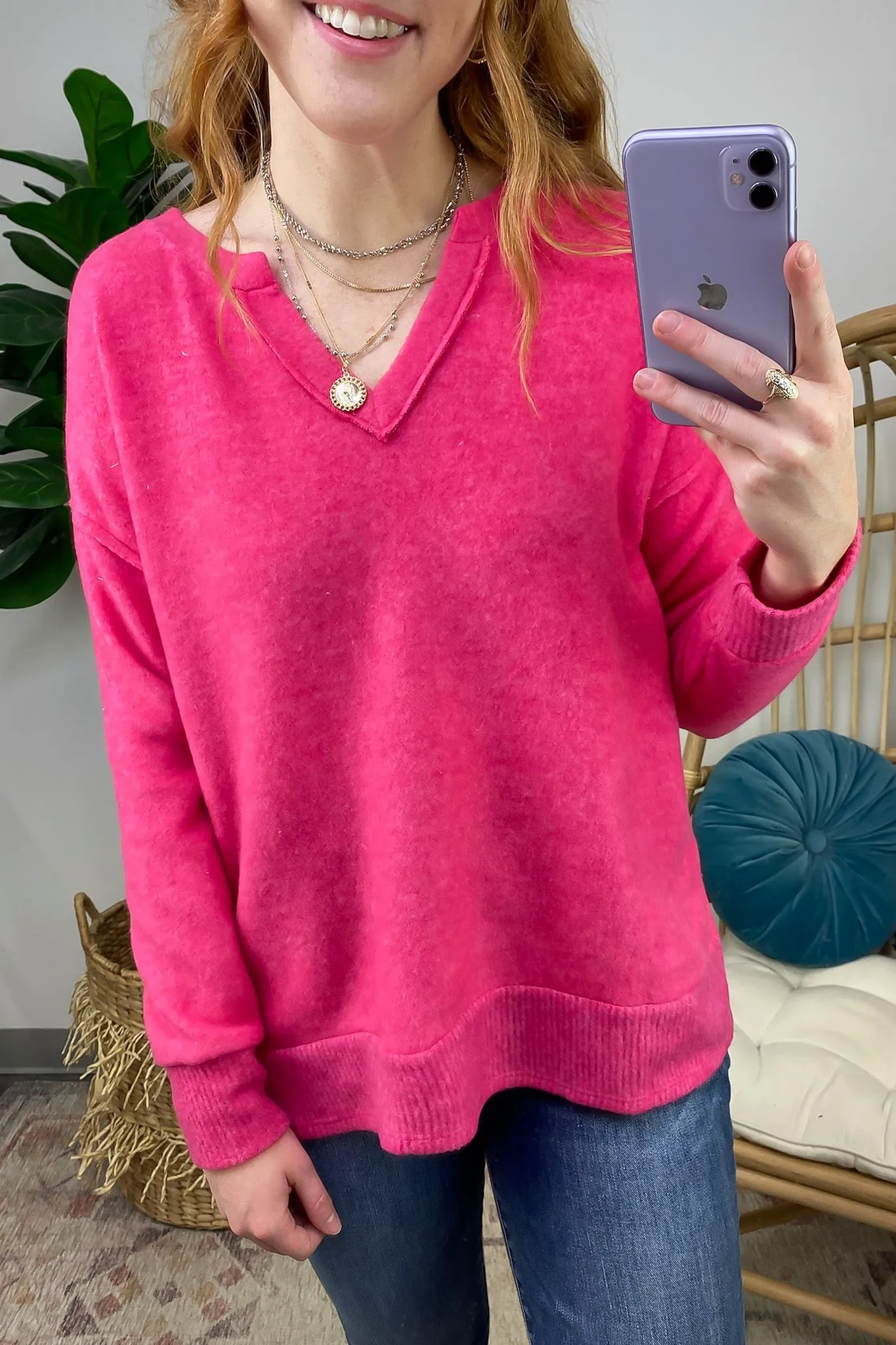 Elvy Long Sleeve Split V-Neck Brushed Knit Top - FINAL SALE