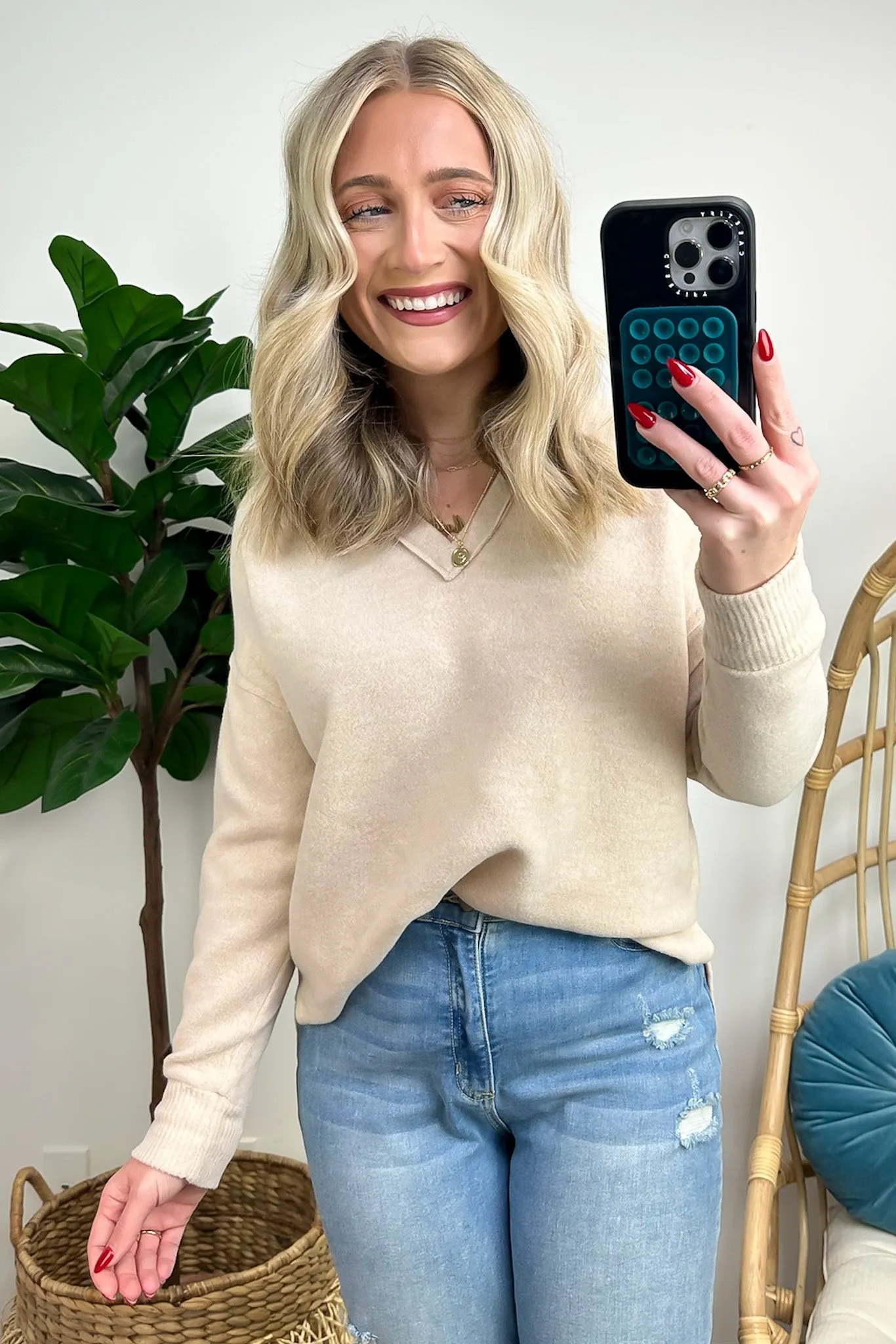 Elvy Long Sleeve Split V-Neck Brushed Knit Top - FINAL SALE