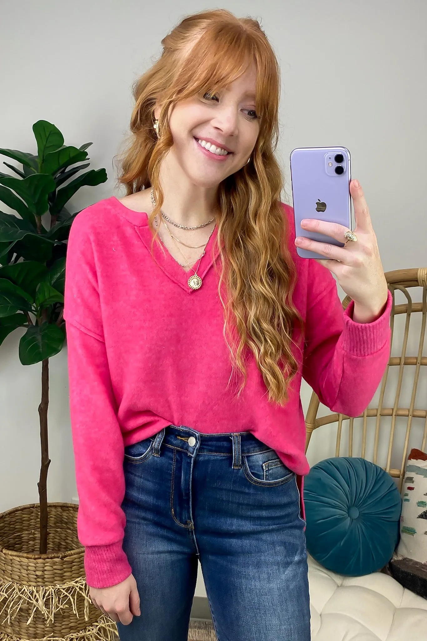 Elvy Long Sleeve Split V-Neck Brushed Knit Top - FINAL SALE