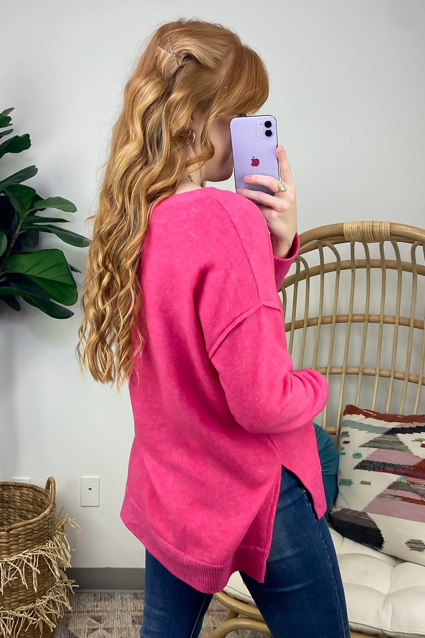 Elvy Long Sleeve Split V-Neck Brushed Knit Top - FINAL SALE