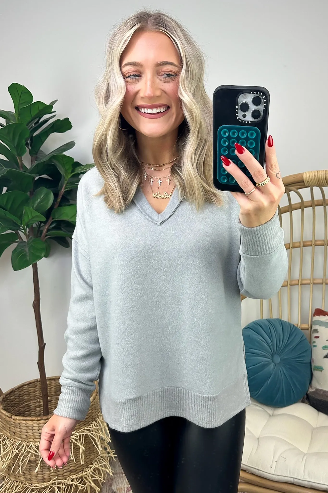 Elvy Long Sleeve Split V-Neck Brushed Knit Top - FINAL SALE
