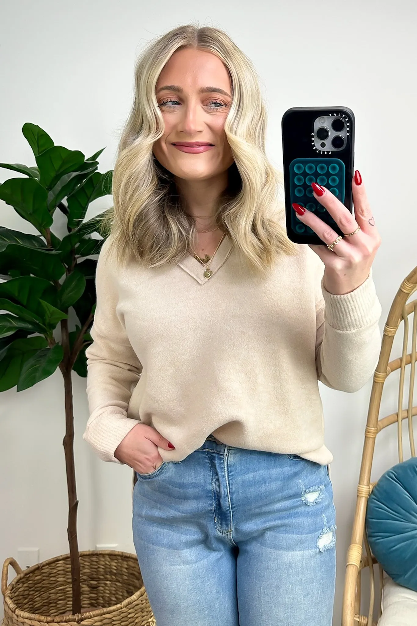 Elvy Long Sleeve Split V-Neck Brushed Knit Top - FINAL SALE