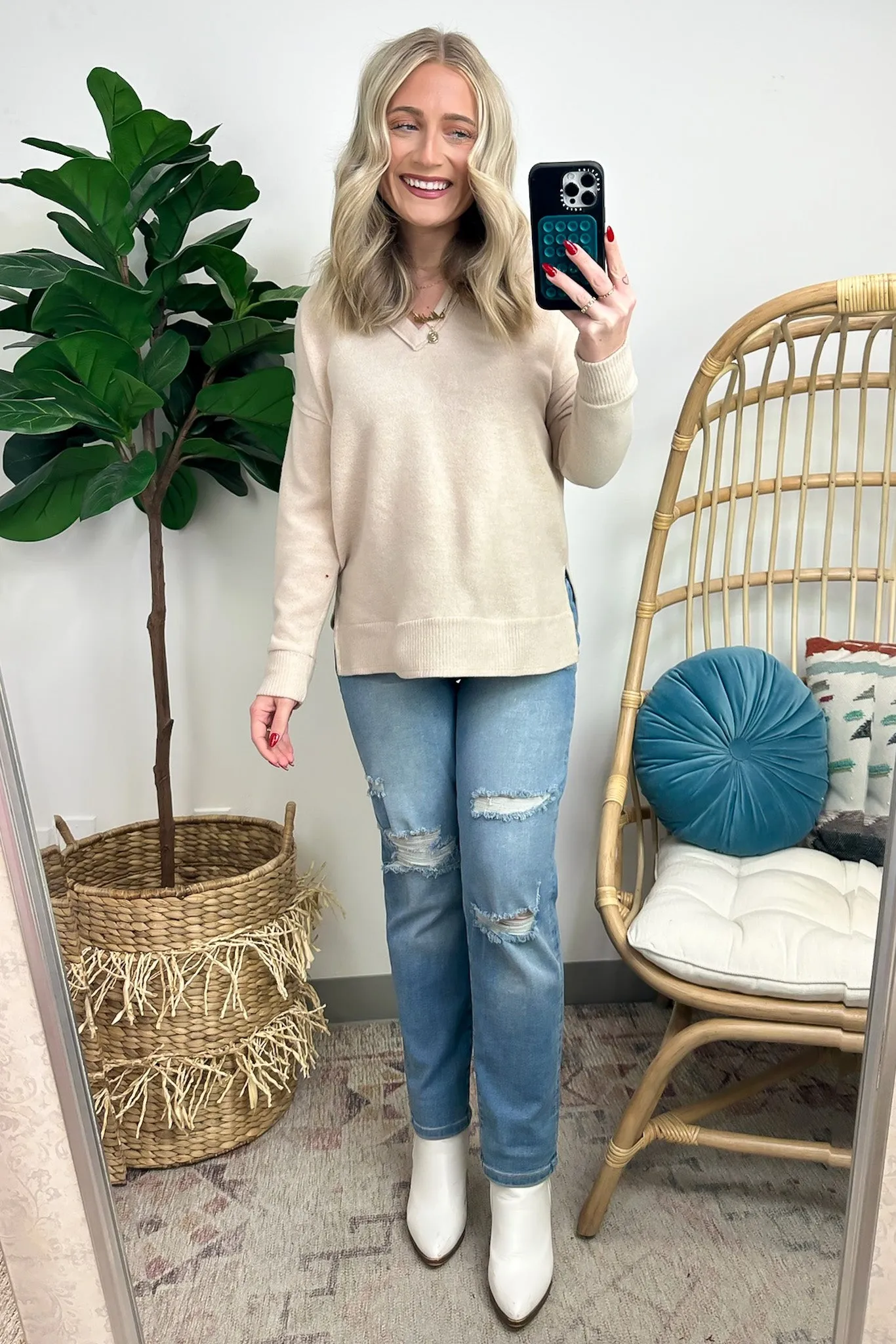 Elvy Long Sleeve Split V-Neck Brushed Knit Top - FINAL SALE