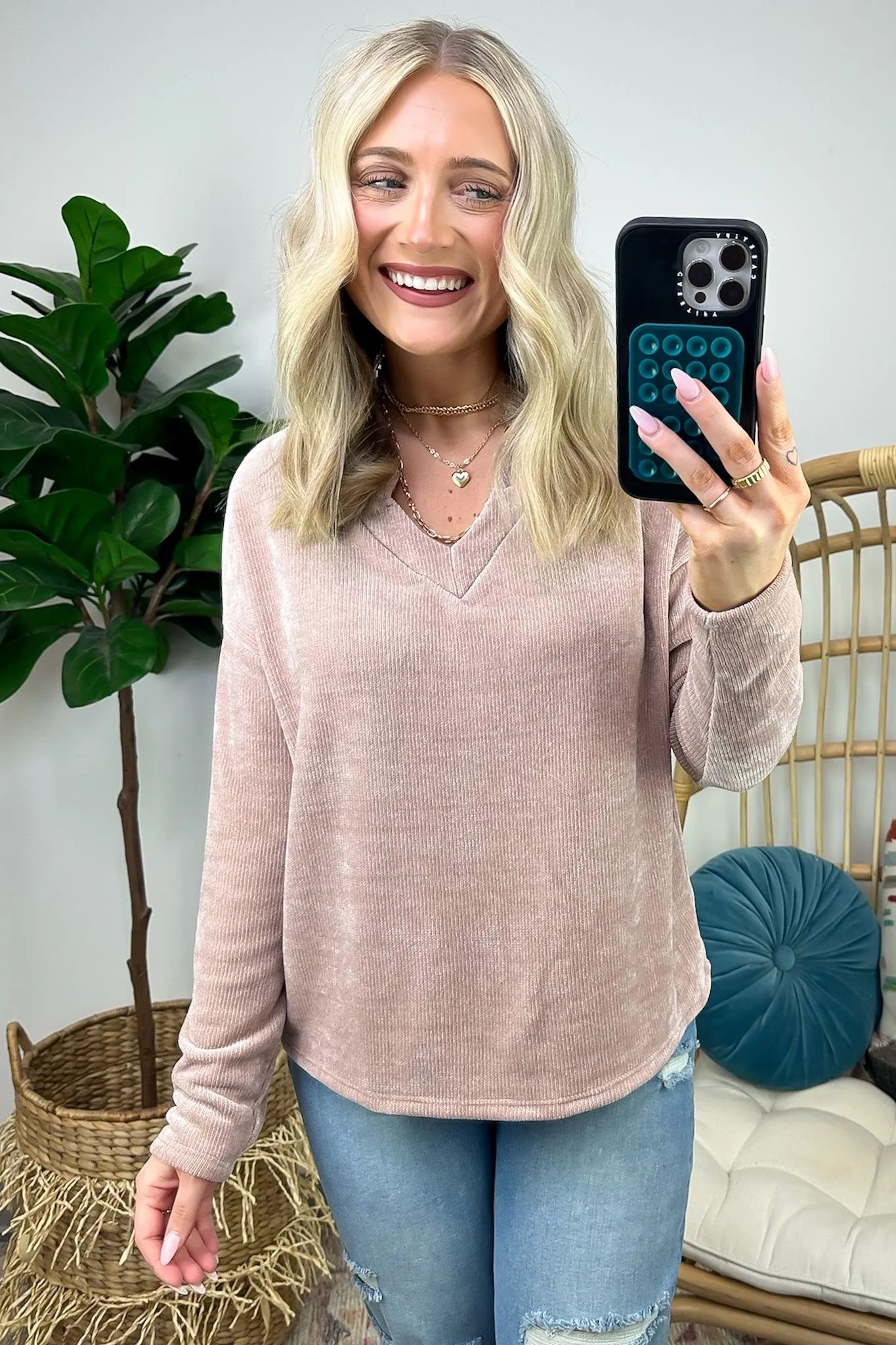 Excellent Impression Split V-Neck Chenille Knit Top - FINAL SALE