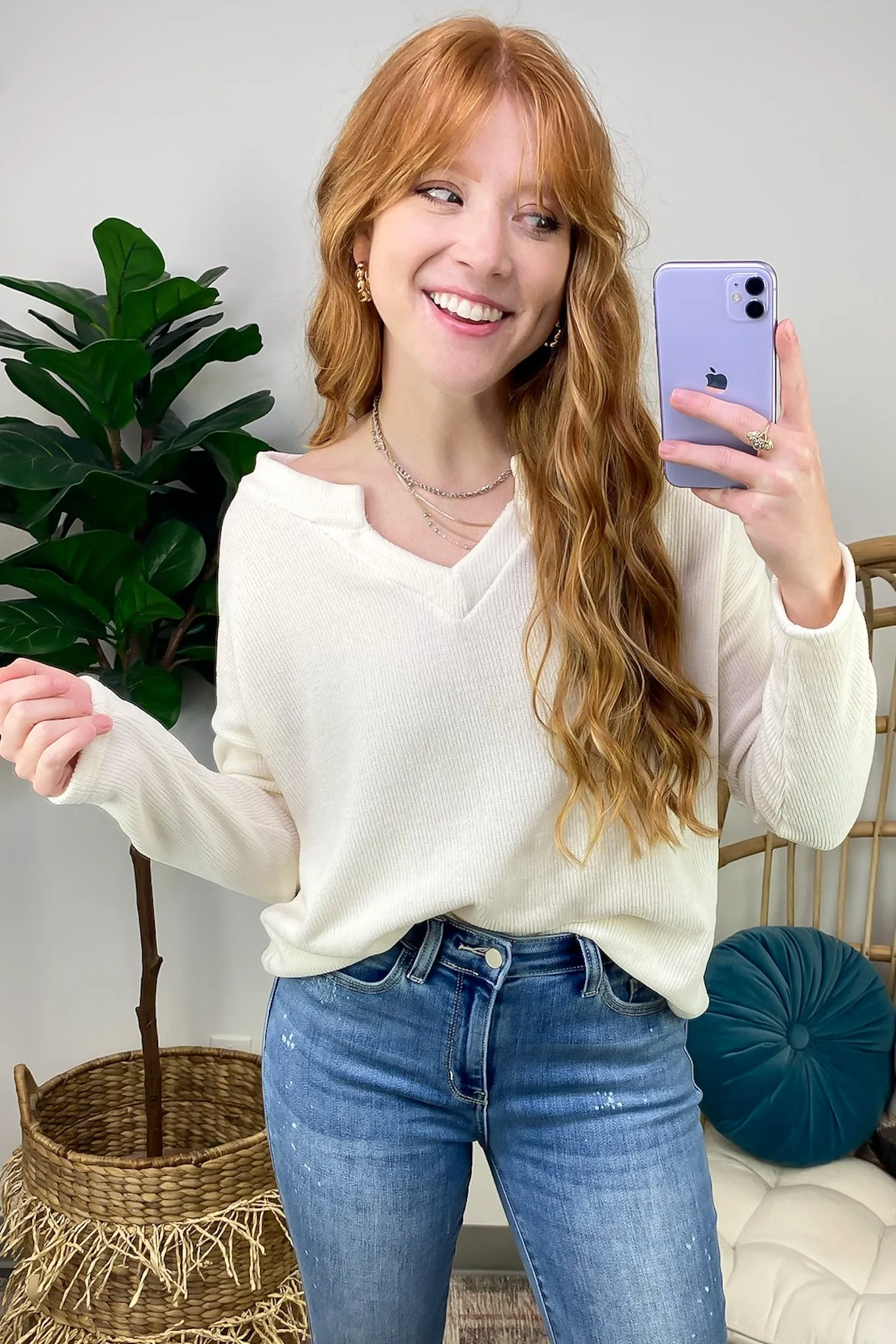 Excellent Impression Split V-Neck Chenille Knit Top - FINAL SALE
