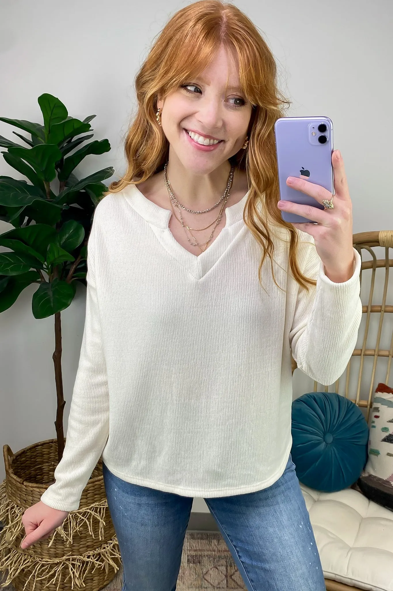 Excellent Impression Split V-Neck Chenille Knit Top - FINAL SALE