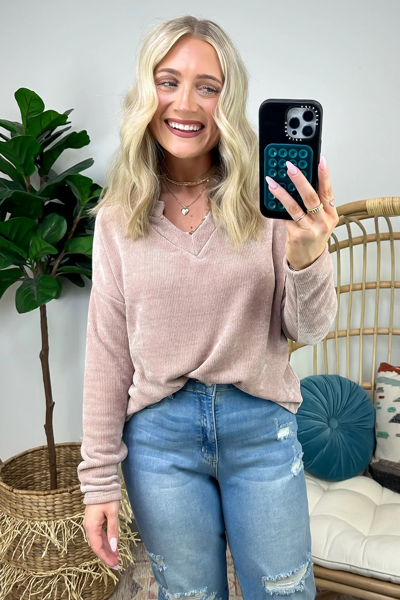 Excellent Impression Split V-Neck Chenille Knit Top - FINAL SALE