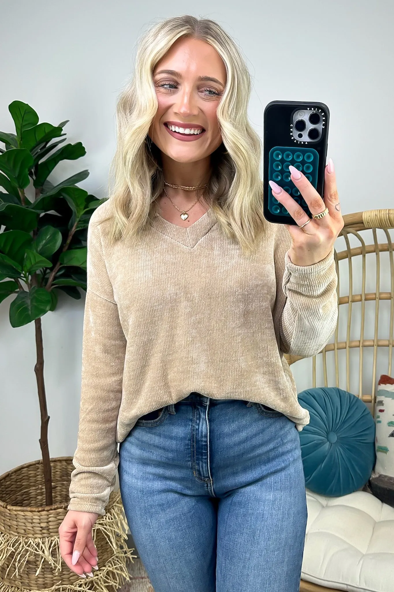 Excellent Impression Split V-Neck Chenille Knit Top - FINAL SALE