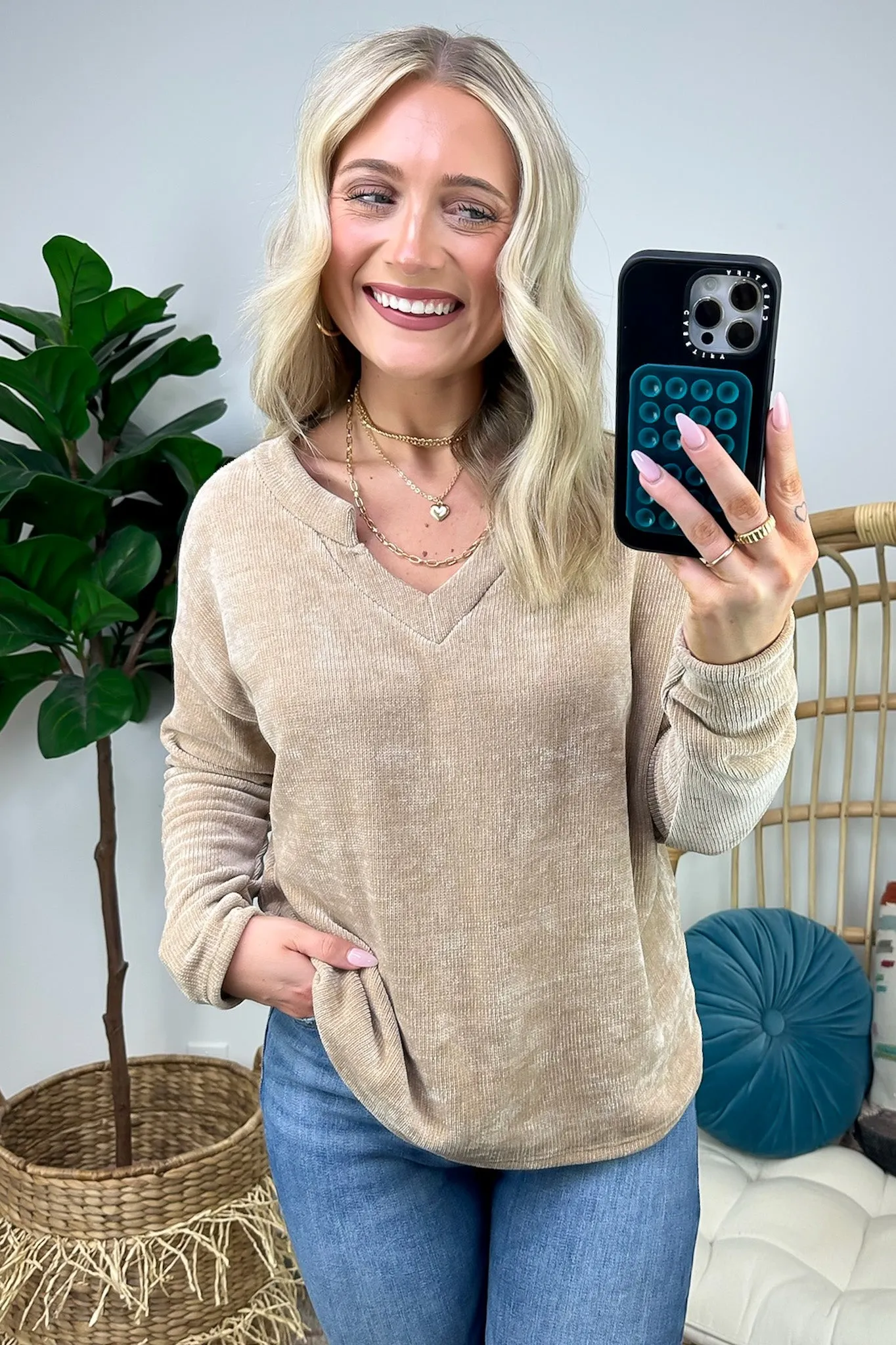 Excellent Impression Split V-Neck Chenille Knit Top - FINAL SALE