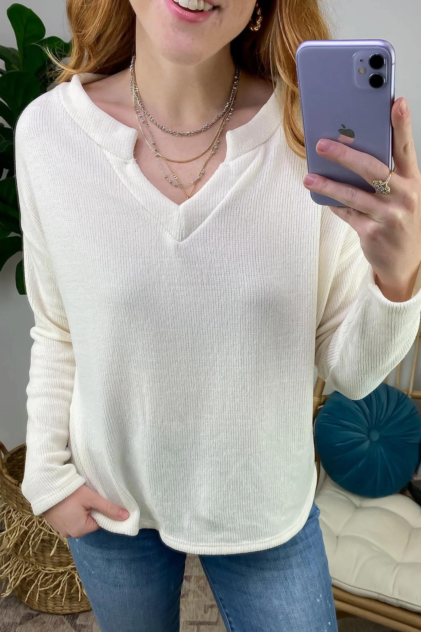 Excellent Impression Split V-Neck Chenille Knit Top - FINAL SALE