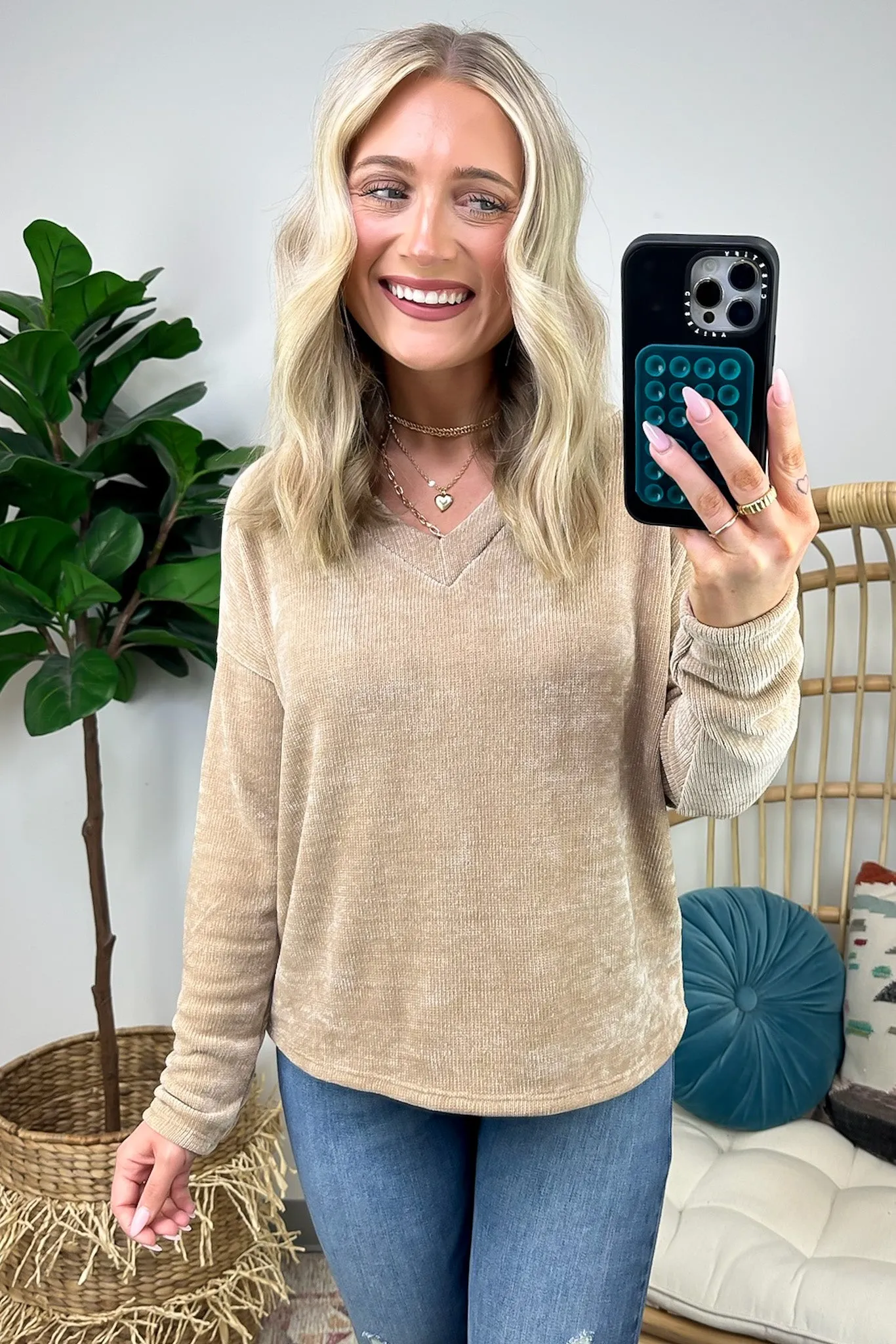 Excellent Impression Split V-Neck Chenille Knit Top - FINAL SALE
