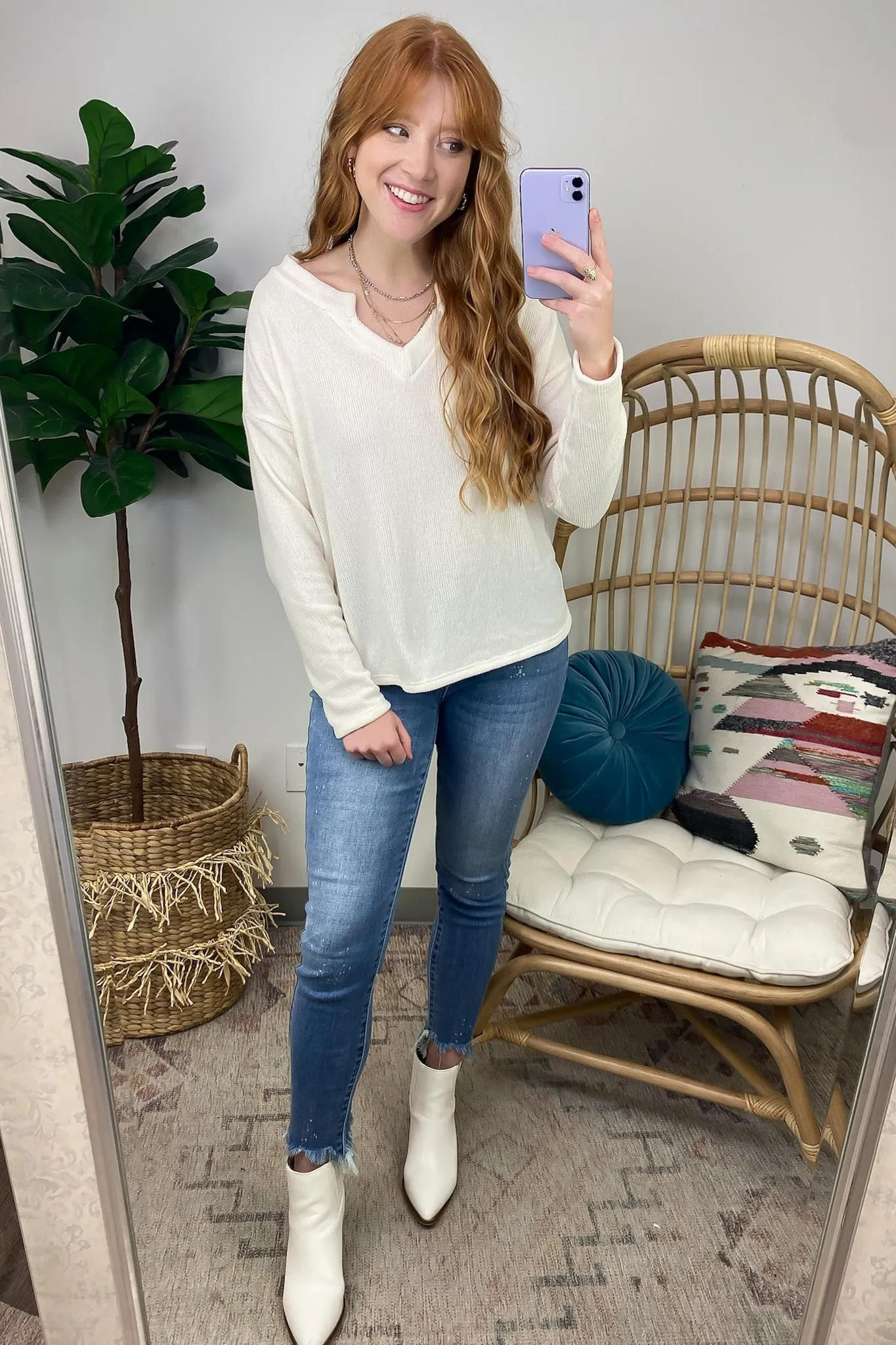 Excellent Impression Split V-Neck Chenille Knit Top - FINAL SALE