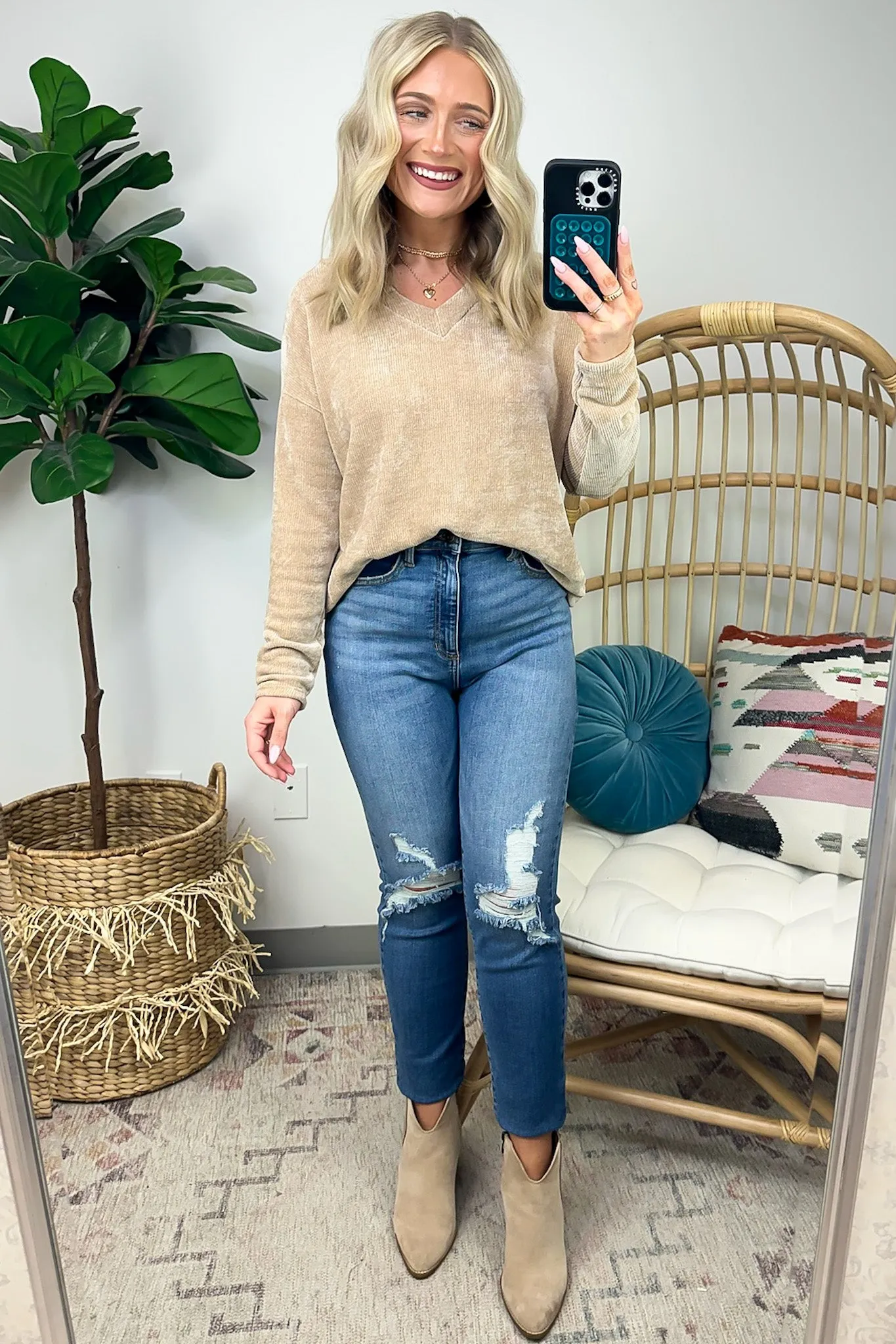Excellent Impression Split V-Neck Chenille Knit Top - FINAL SALE