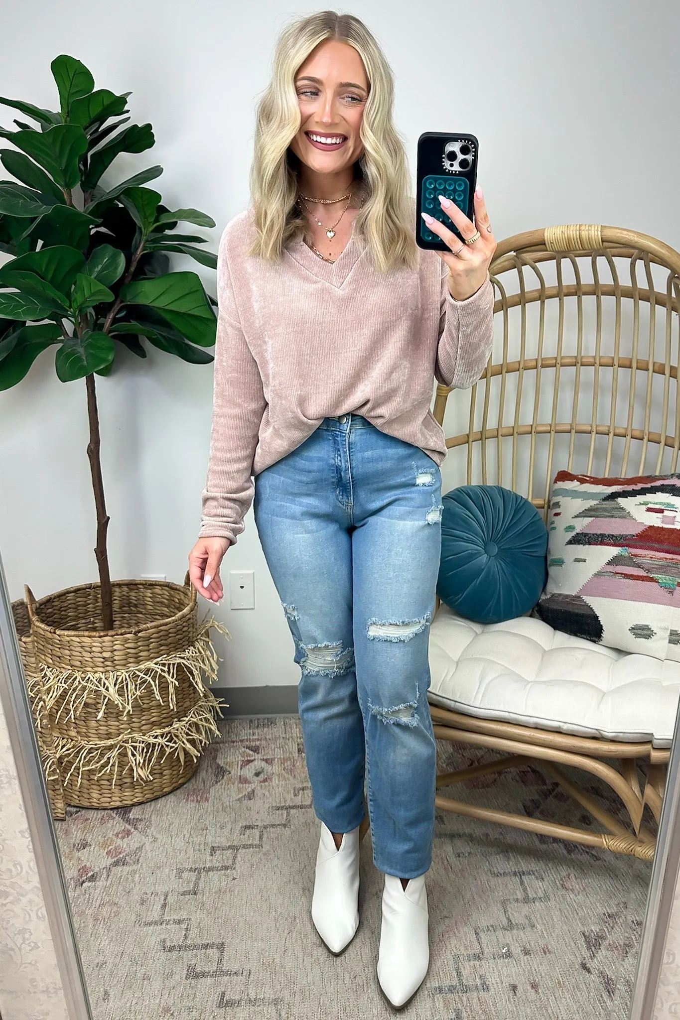 Excellent Impression Split V-Neck Chenille Knit Top - FINAL SALE