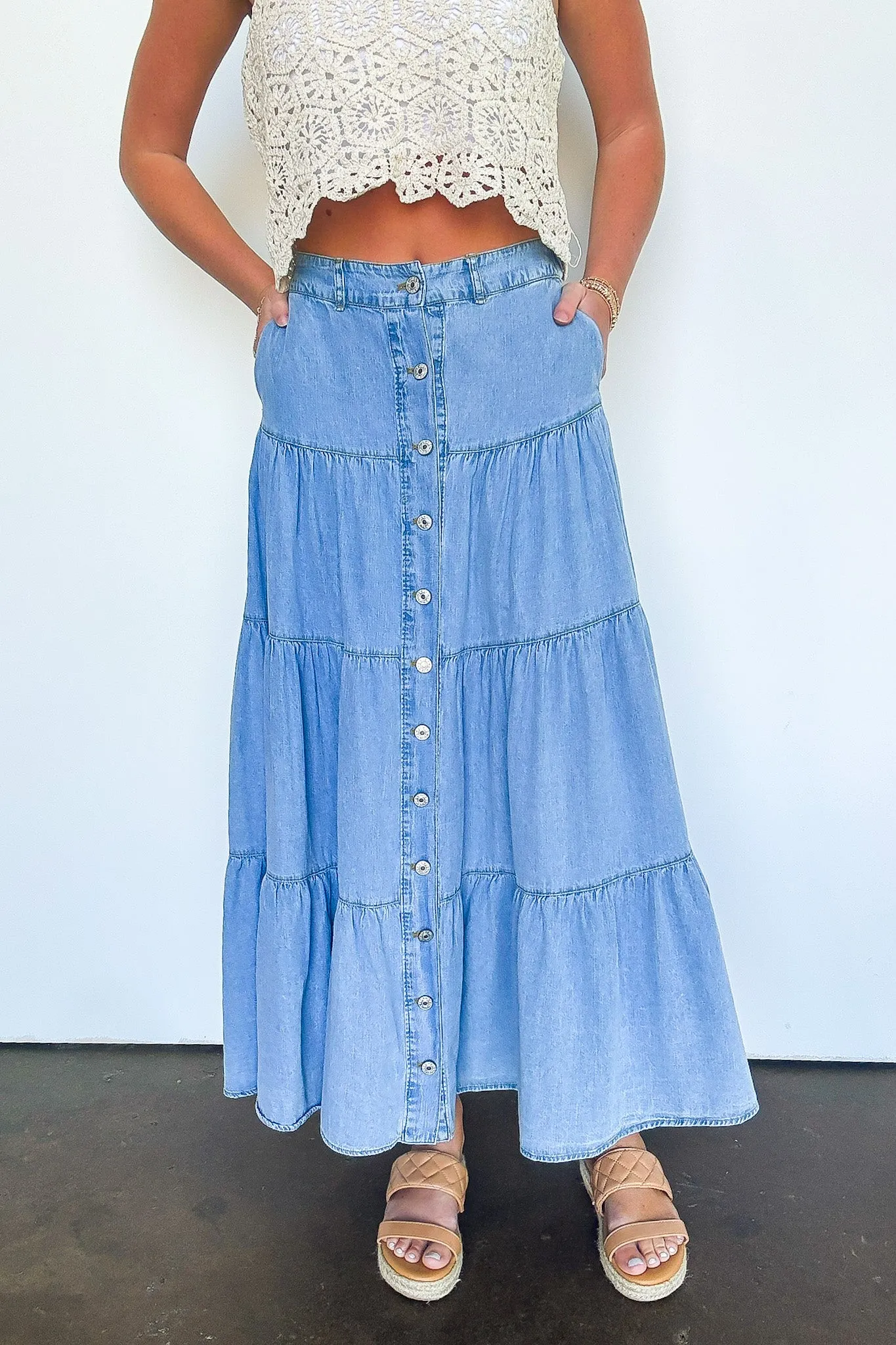Festival Flair Tiered Button Front Denim Maxi Skirt