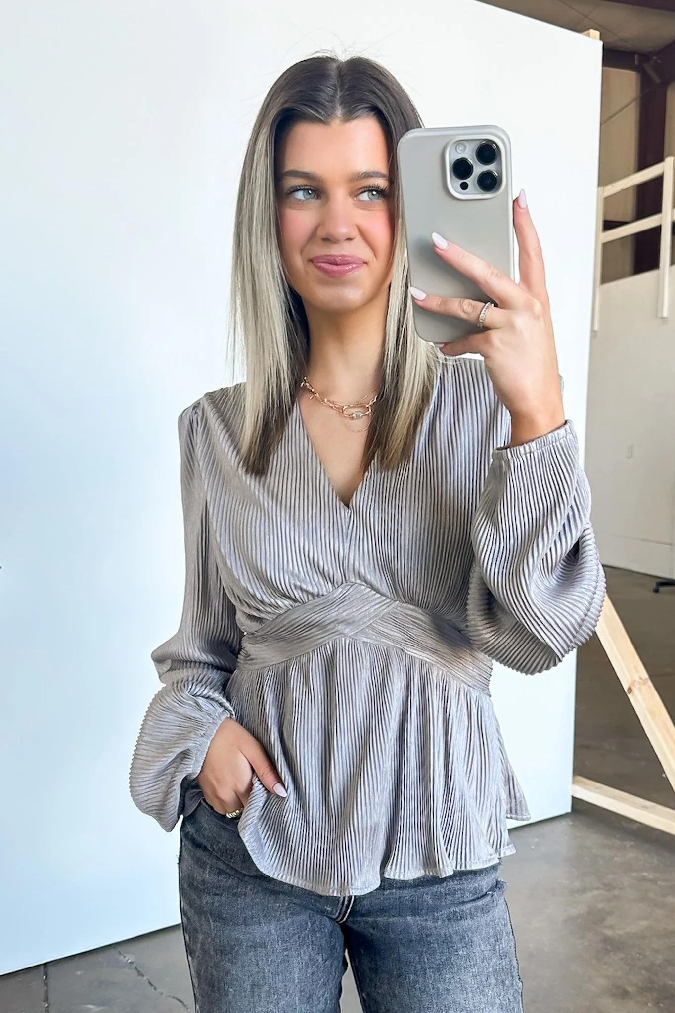 Flirtatious Figure Long Sleeve V-Neck Peplum Top - FINAL SALE