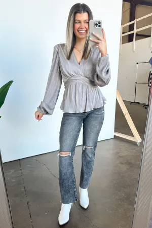 Flirtatious Figure Long Sleeve V-Neck Peplum Top - FINAL SALE