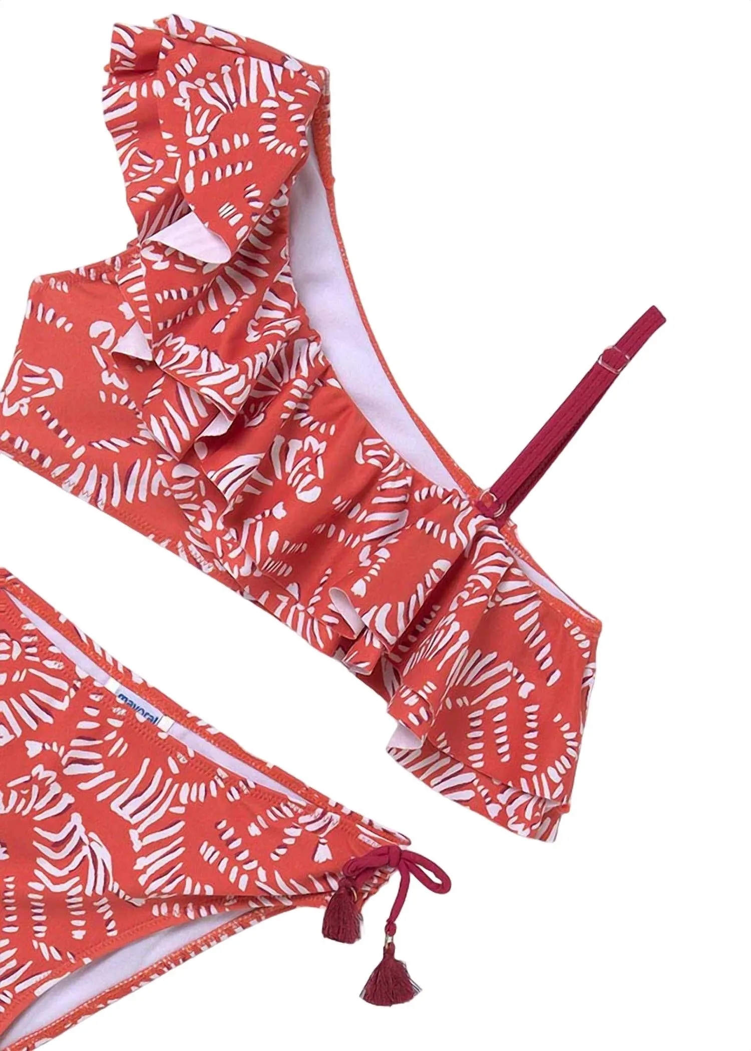 Girl's Asymmetric Printed Bikini In Red/orange