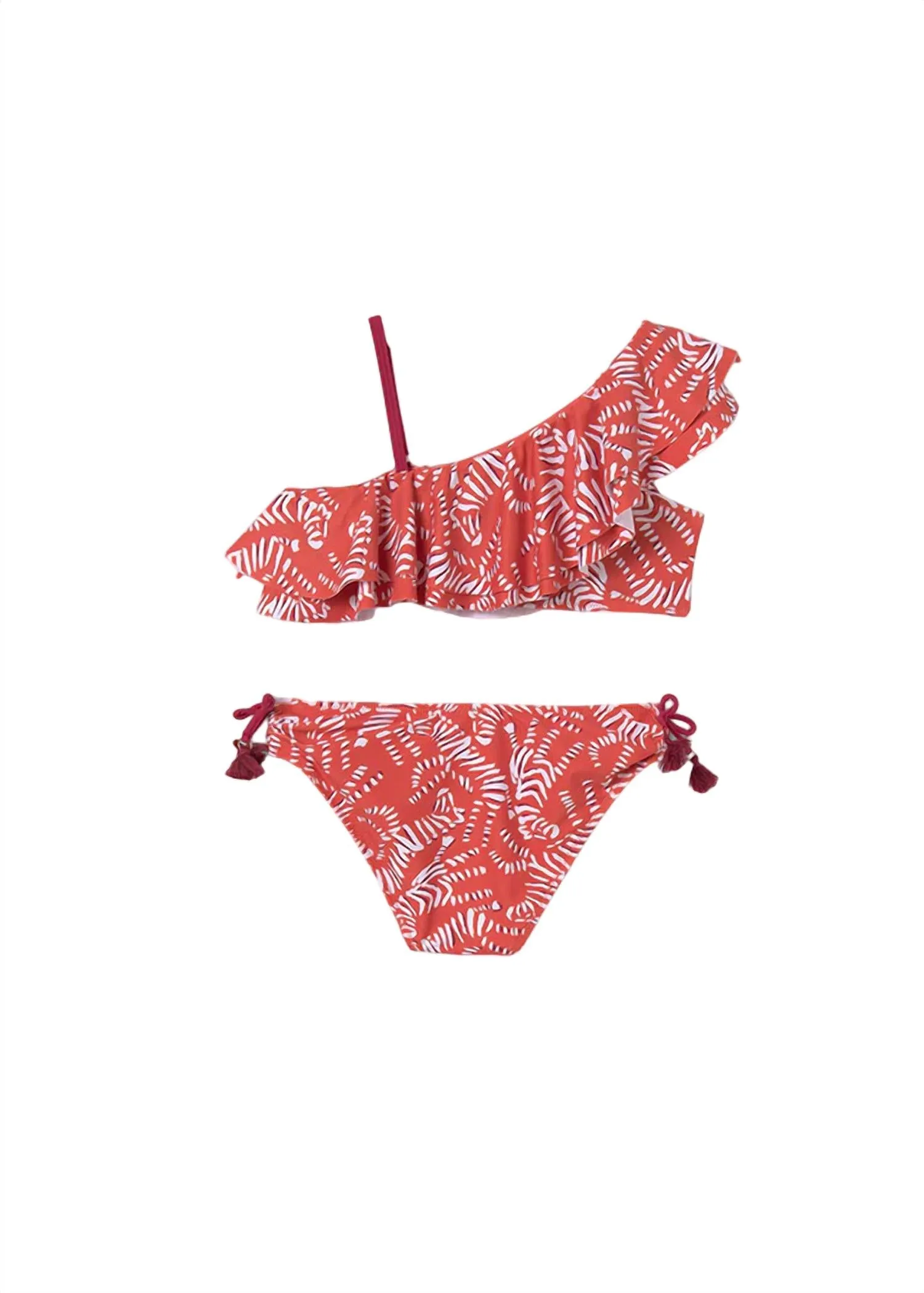 Girl's Asymmetric Printed Bikini In Red/orange
