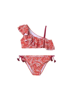 Girl's Asymmetric Printed Bikini In Red/orange