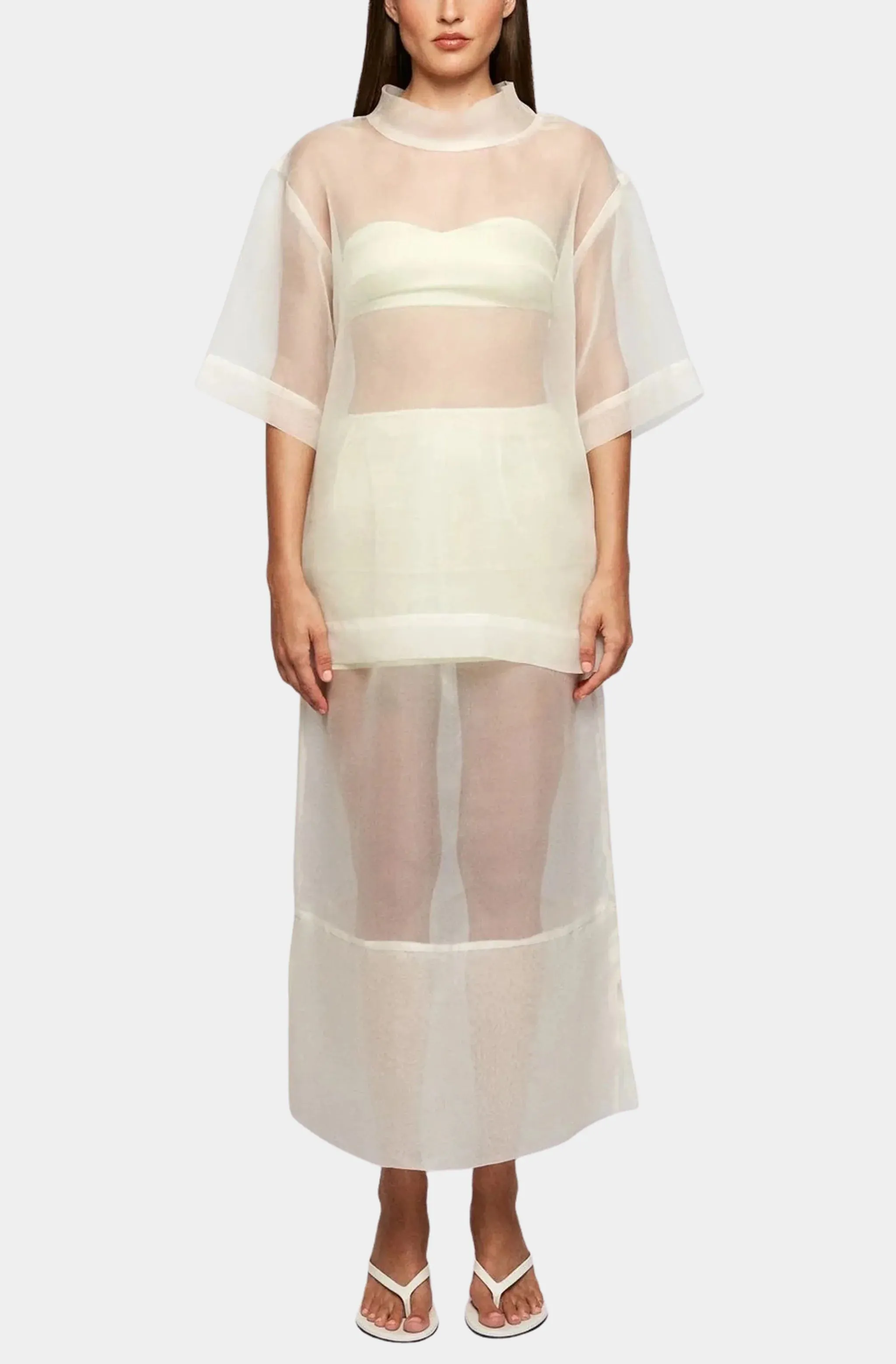 High Collar Sheer Tee With Sweetheart Satin Bandeau