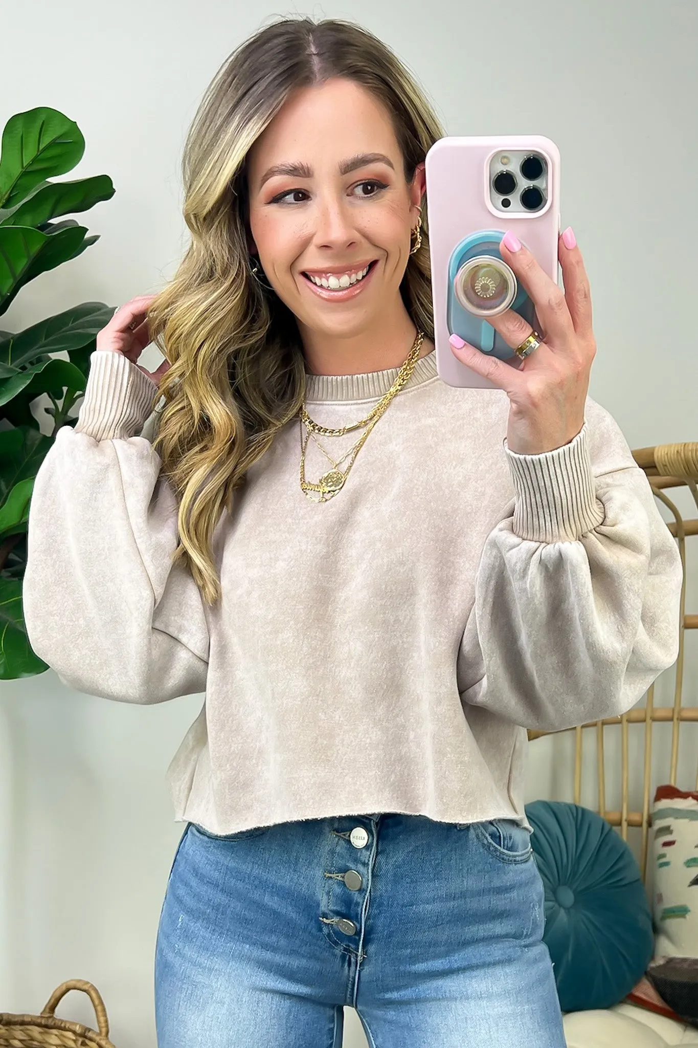 Kerie Acid Wash Fleece Cropped Pullover - FINAL SALE